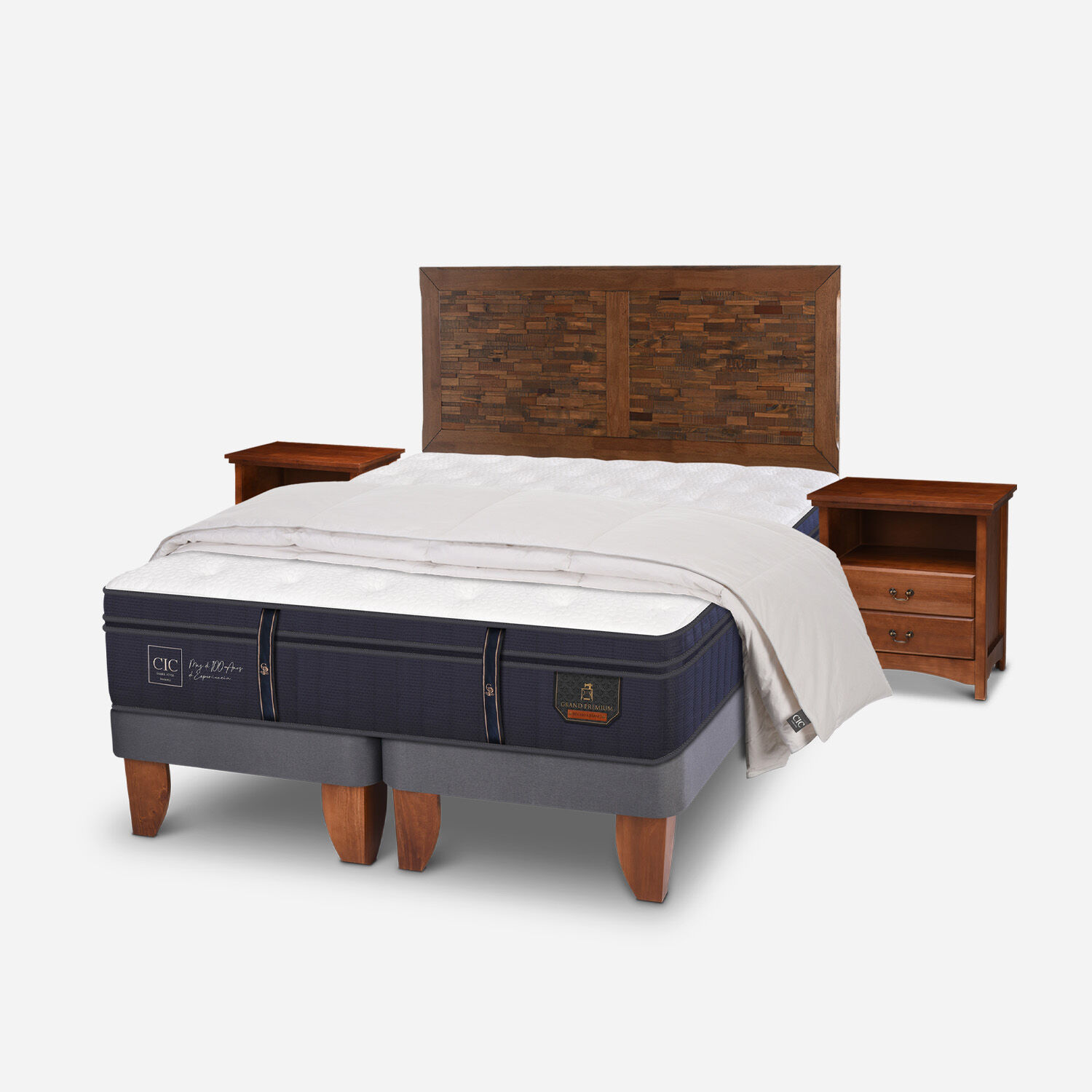 Cama Europea 2 Plazas Base Dividida Grand Premium + Set Antique + Plumón 100% Pluma de Ganso