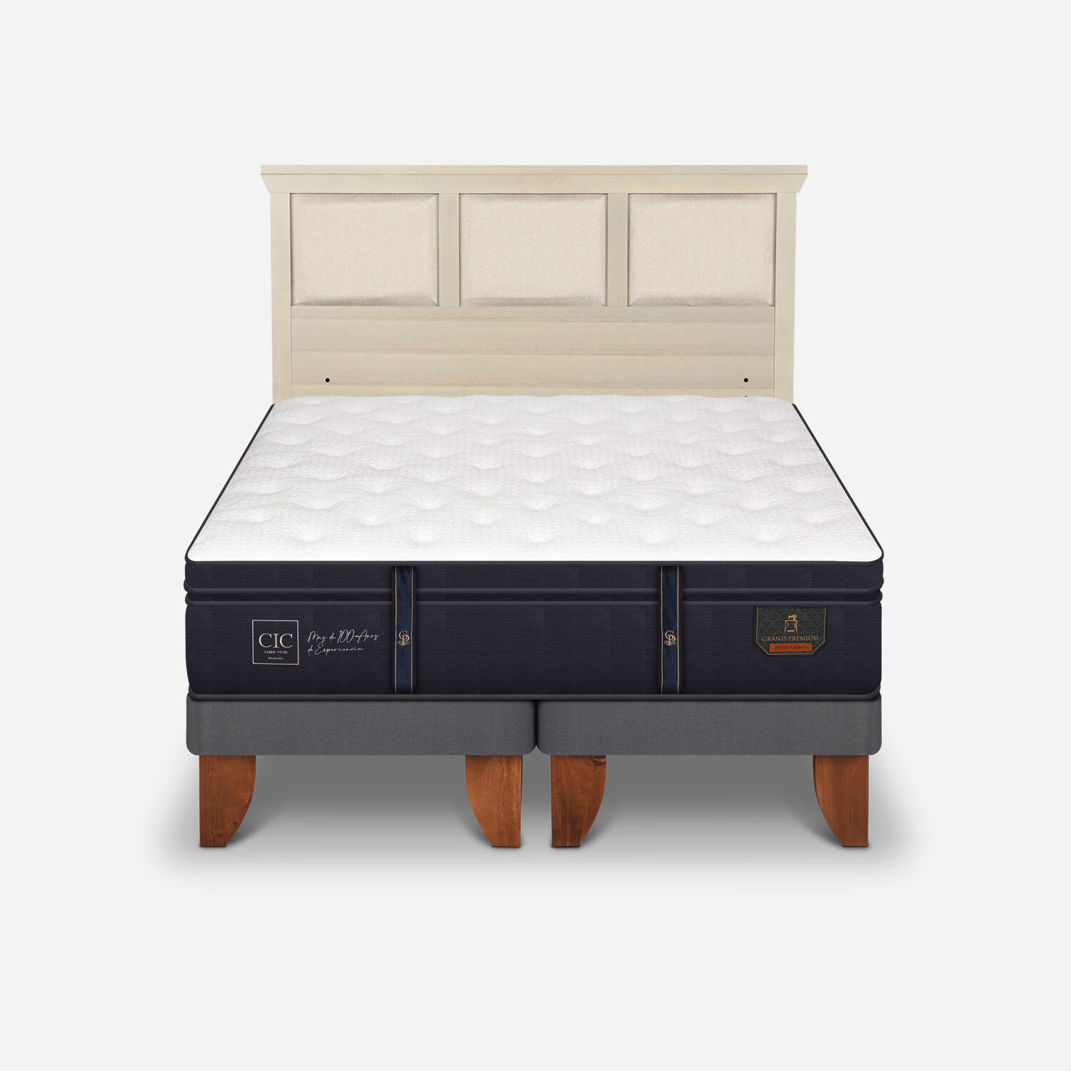 Cama Europea 2 Plazas Grand Premium Base Dividida + Respaldo Torino Alpino