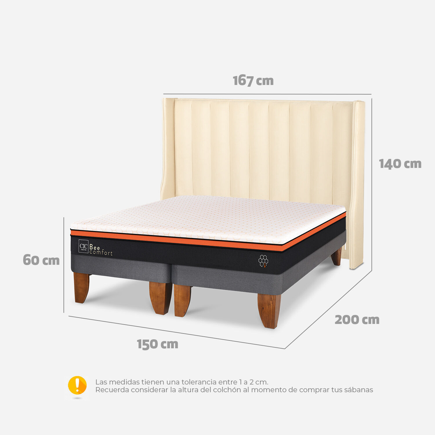 Cama Europea 2 Plazas Bee Comfort Base Dividida + Respaldo Panaro