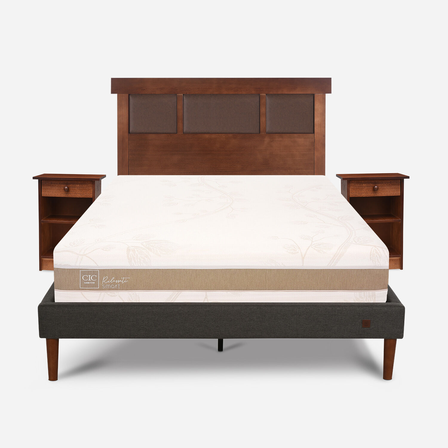 Cama Europea Curve 2 Plazas Rilassati Smart + Set New Dublín Caramel