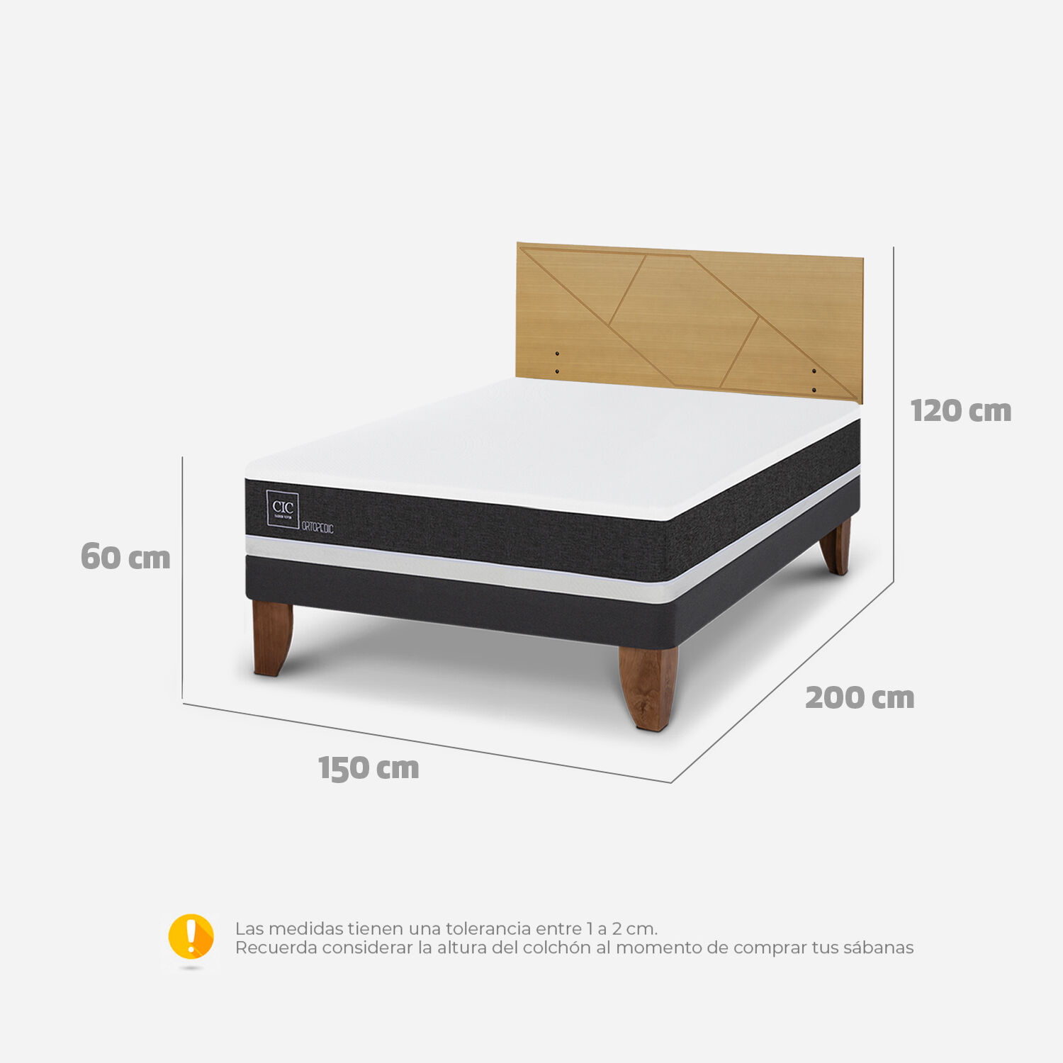 Cama Europea 2 Plazas Ortopedic Base Normal + Respaldo Villarrica Mostaza