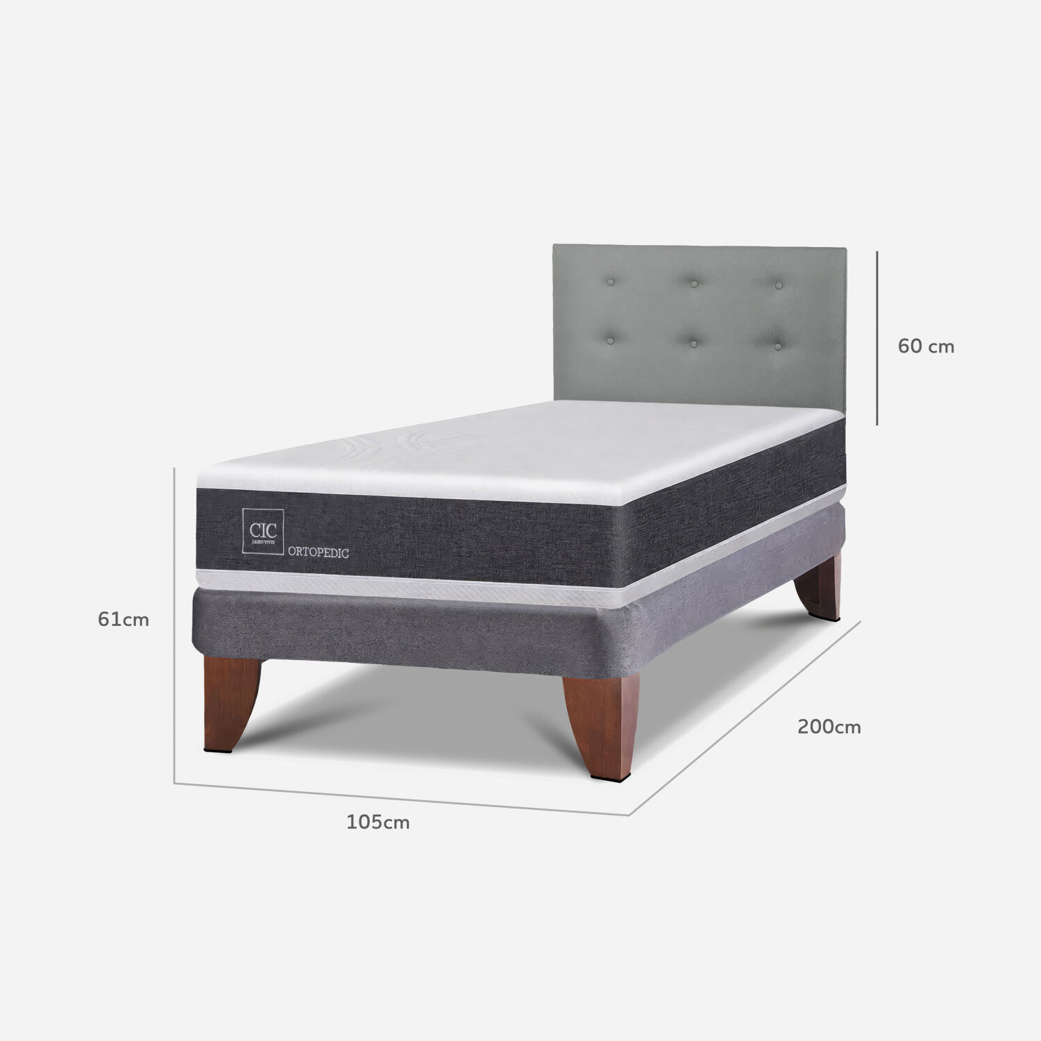 Cama Europea 1.5 Plazas New Ortopedic + Respaldo Tapizado Gris
