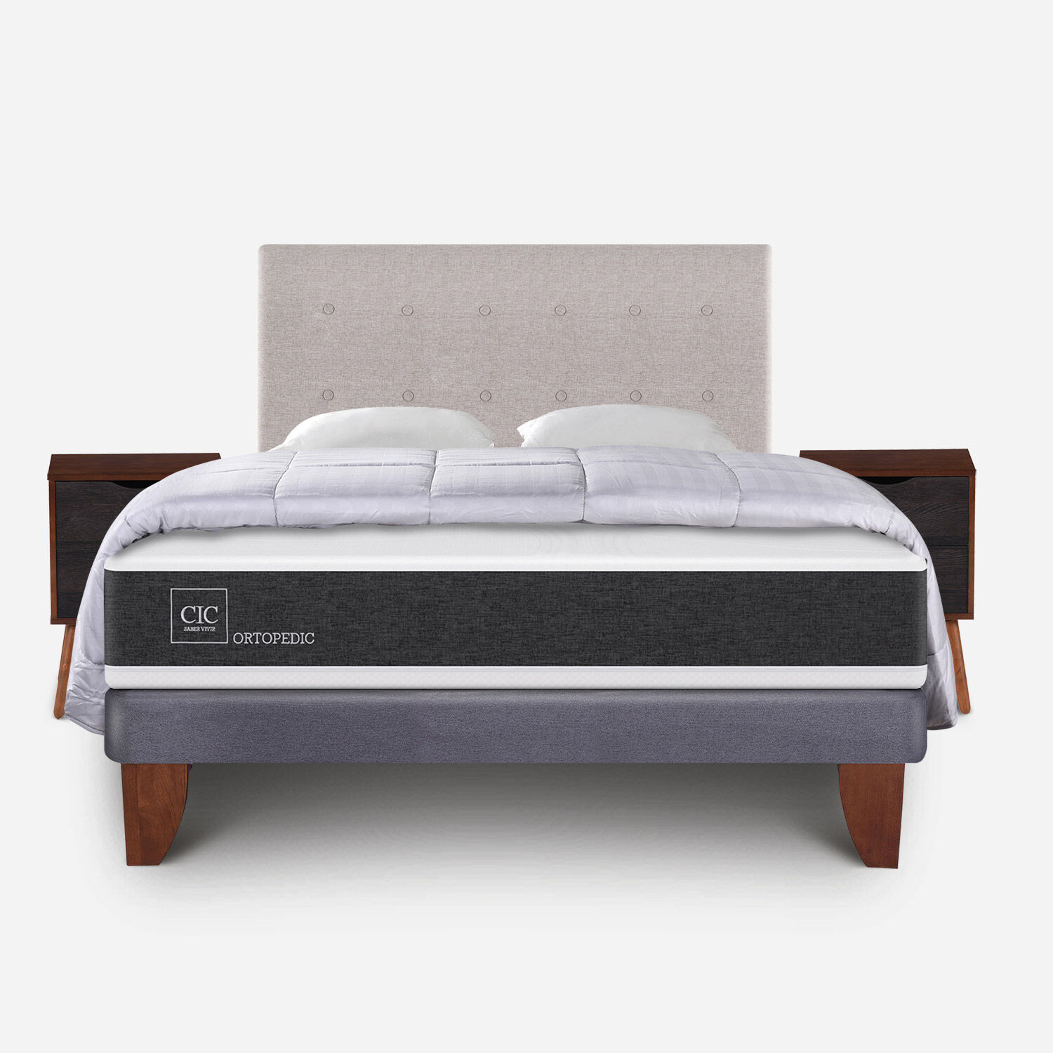 Cama Europea 2 Plazas Ortopedic Base Normal + Almohadas + Plum&oacute;n + Set Tigris