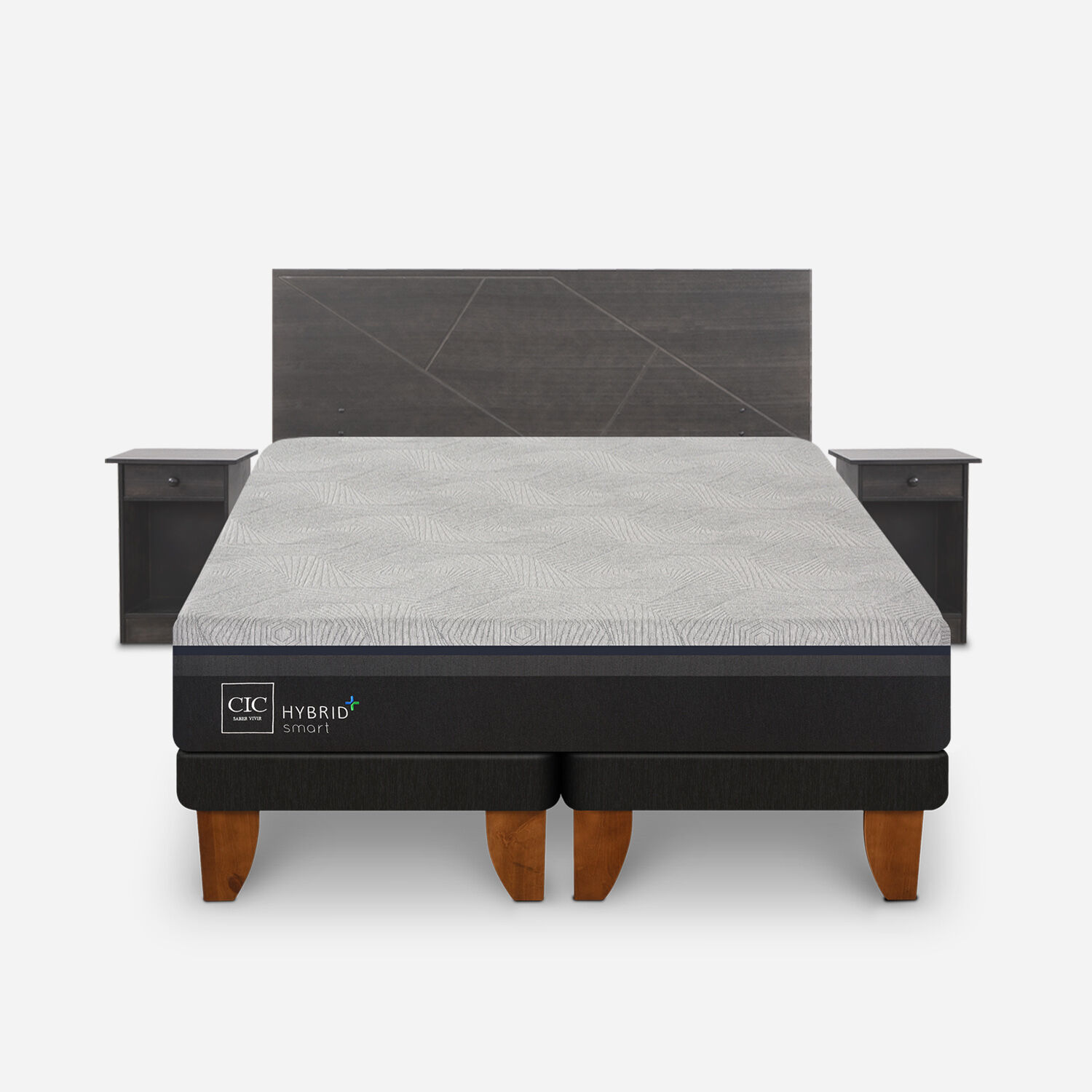 Cama Europea 2 Plazas Hybrid Plus Smart Base Dividida + Set Villarrica Gris