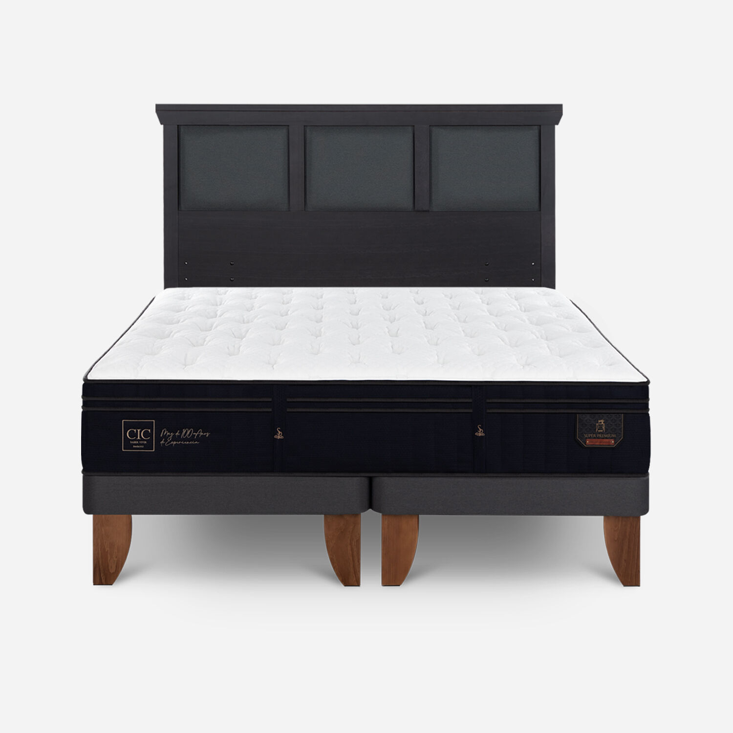 Cama Europea 2 Plazas Super Premium Base Dividida + Respaldo Torino Negro