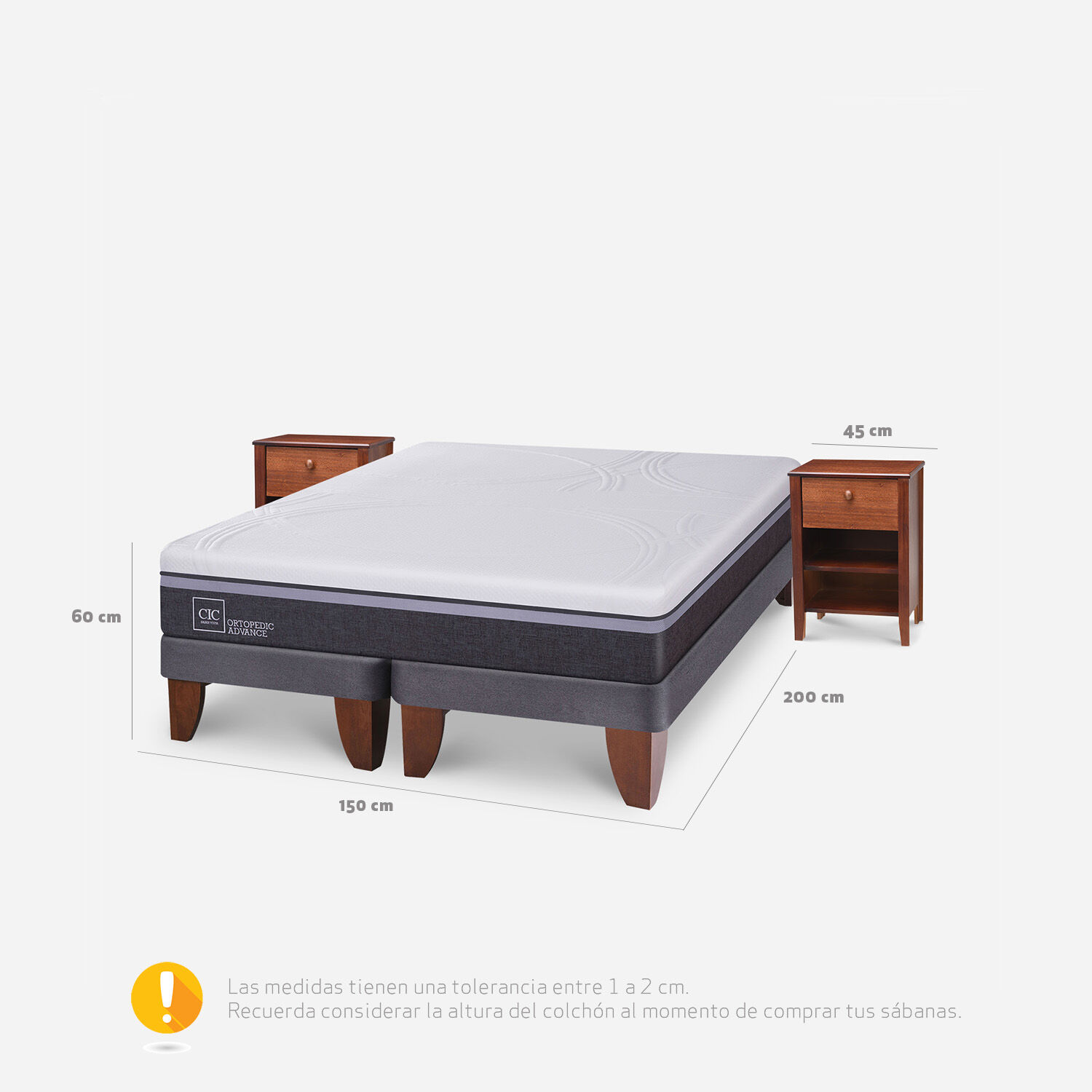 Cama Europea 2 Plazas Ortopedic Advance Base Dividida + Veladores Torino Caramel
