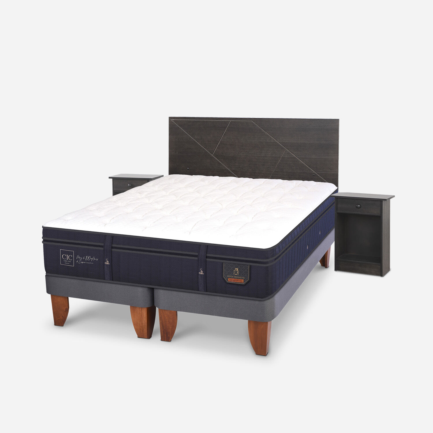 Cama Europea 2 Plazas Super Premium Base Dividida + Set Villarrica Gris