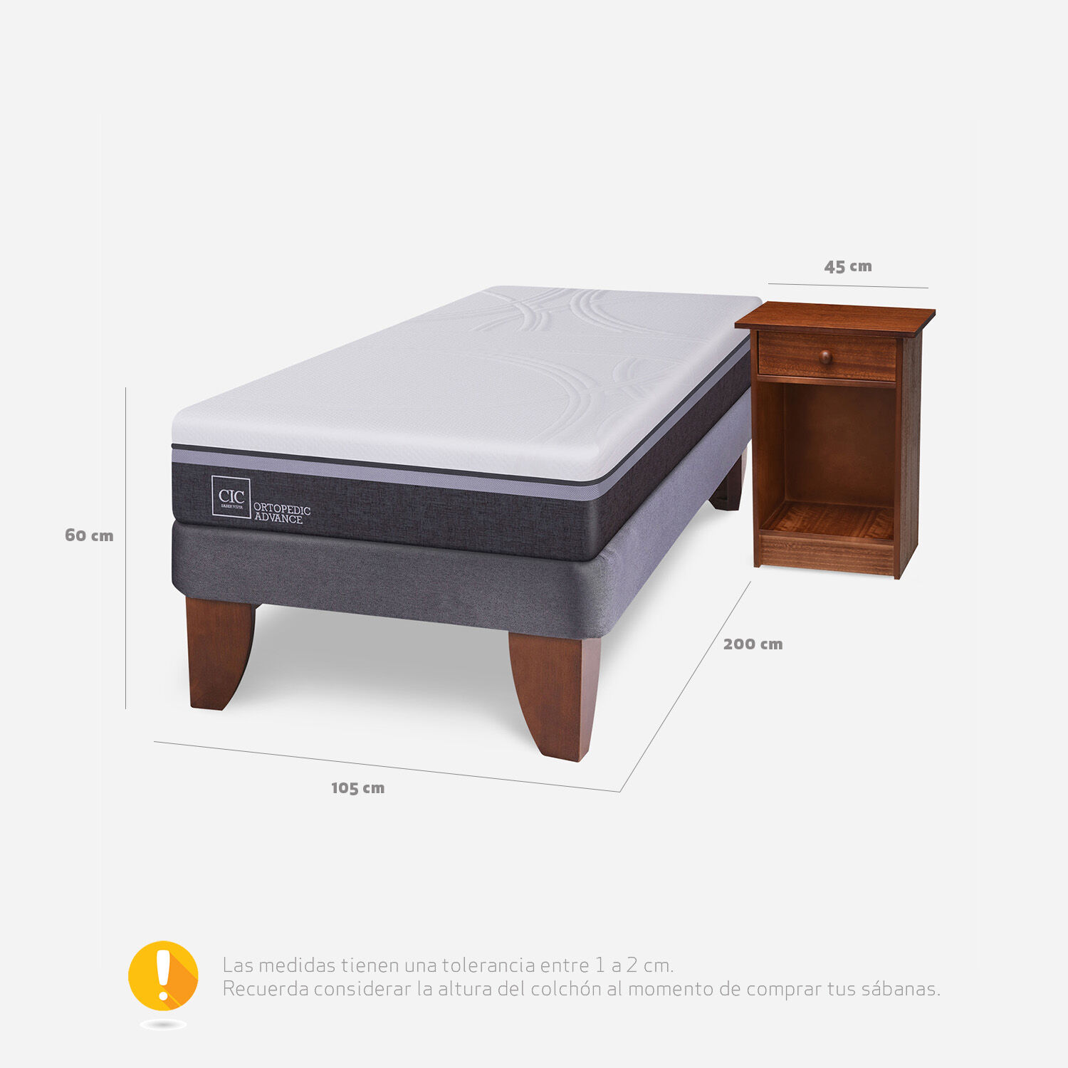 Cama Europea 1,5 Plazas Ortopedic Advance + Velador New Villarrica