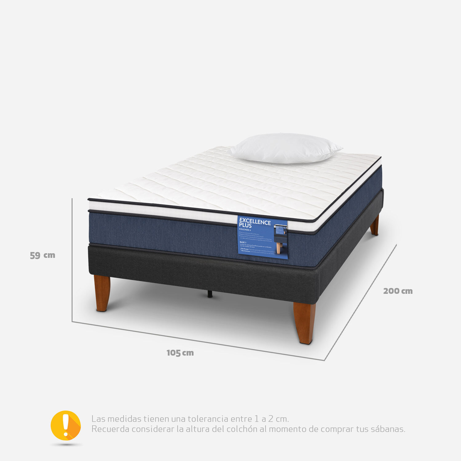 Cama Europea Curve 1,5 Plazas Excellence Plus + Almohadas