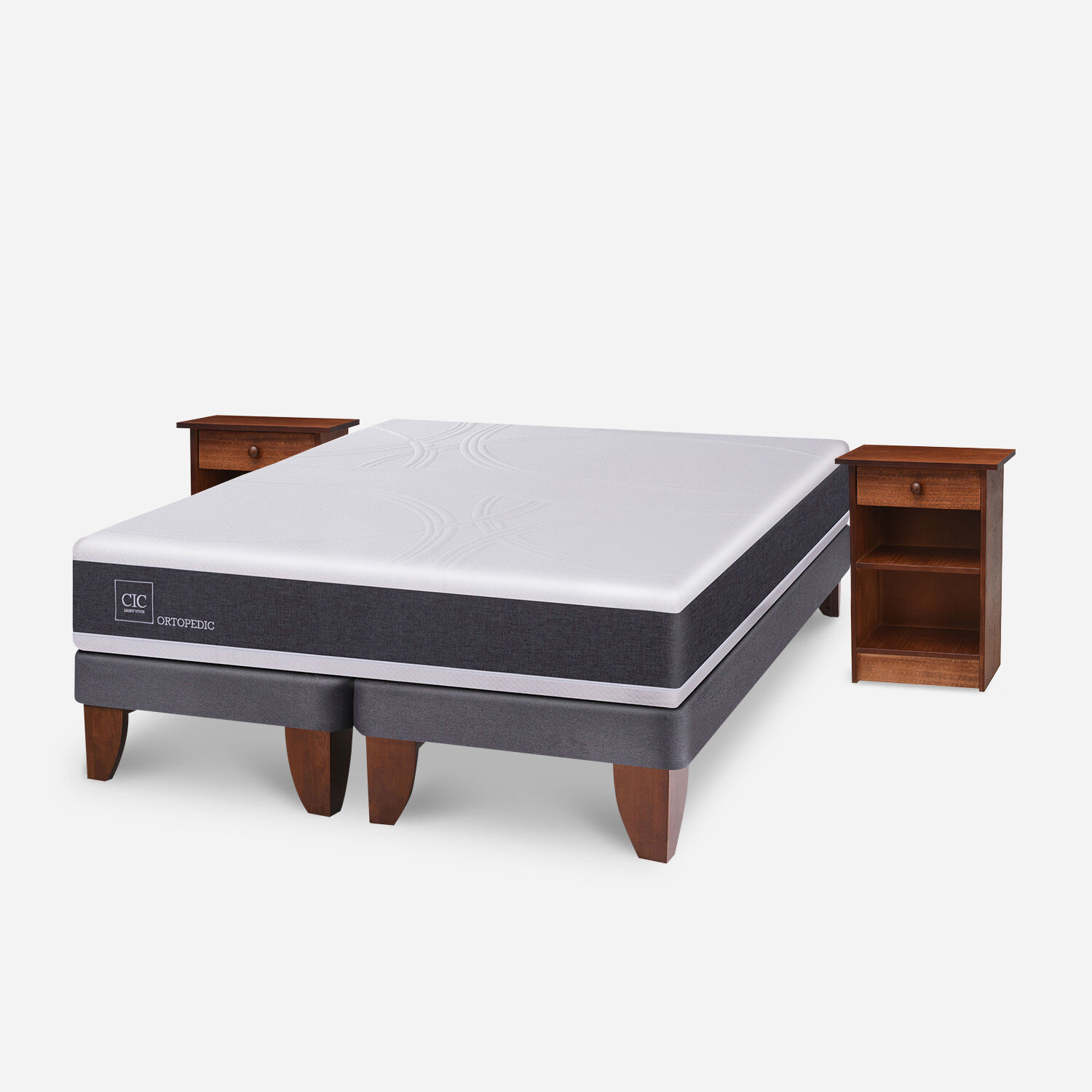 Cama Europea 2 Plazas Ortopedic Base Dividida + Veladores Dubl&iacute;n Caramel