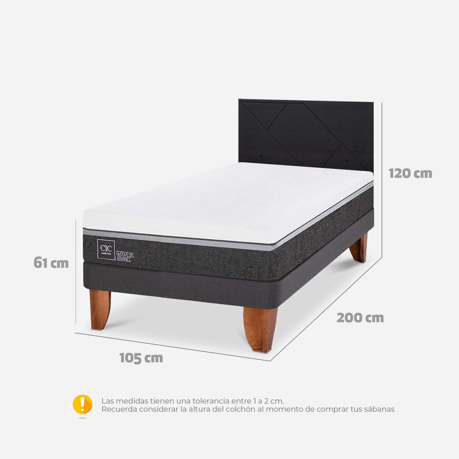 Cama Europea 1,5 Plazas Ortopedic Advance + Respaldo Villarrica Negro