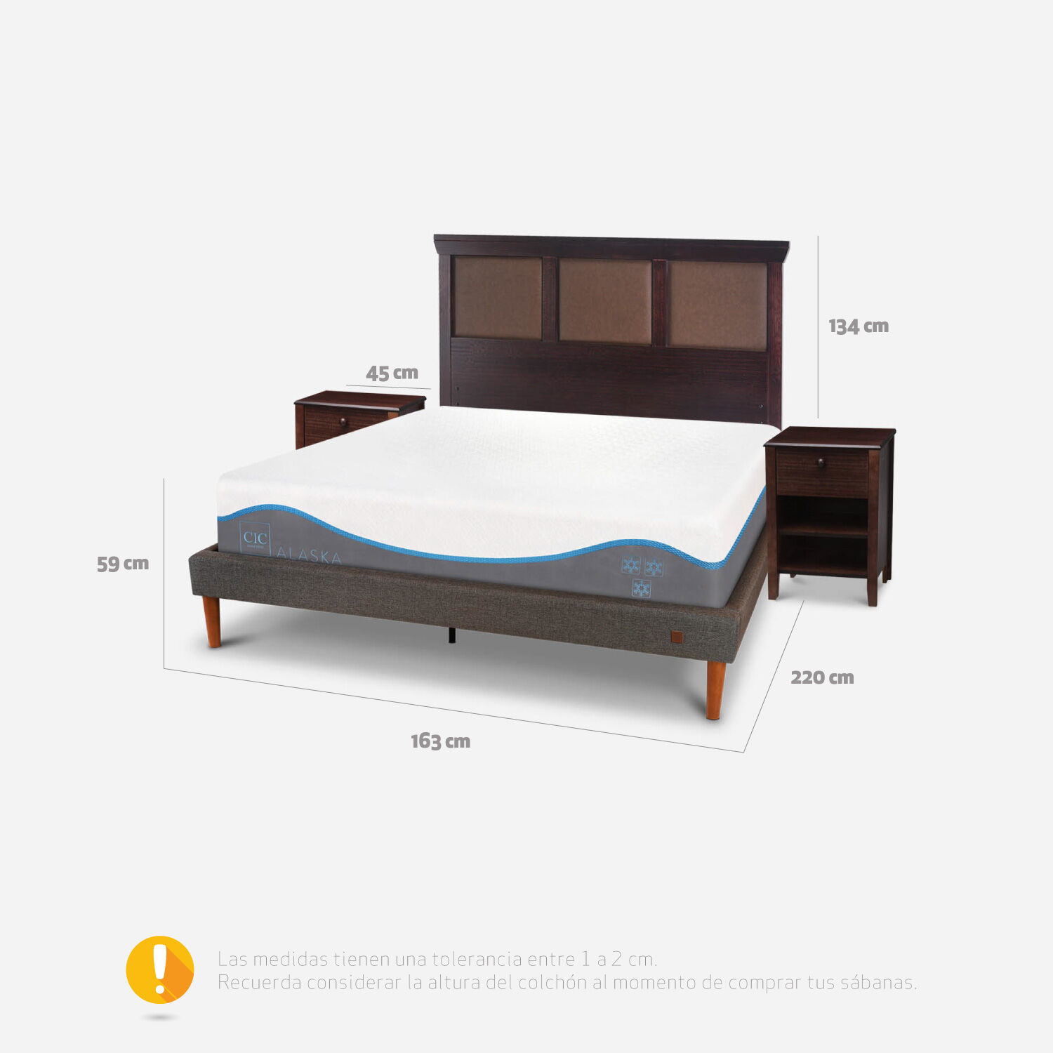 Cama Europea Curve 2 Plazas Alaska + Respaldo Torino Chocolate