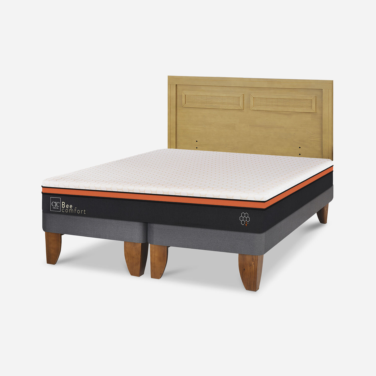 Cama Europea 2 Plazas Bee Comfort Base Dividida + Respaldo Mil&aacute;n Mostaza