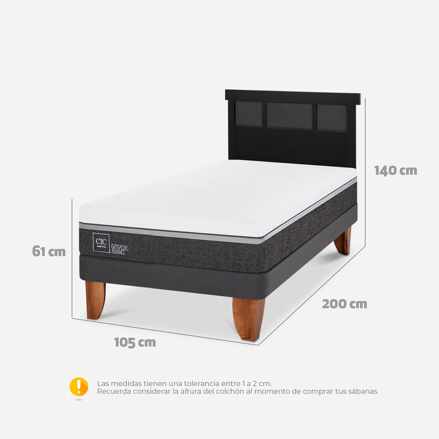 Cama Europea 1,5 Plazas Ortopedic Advance + Respaldo Dubl&iacute;n Negro