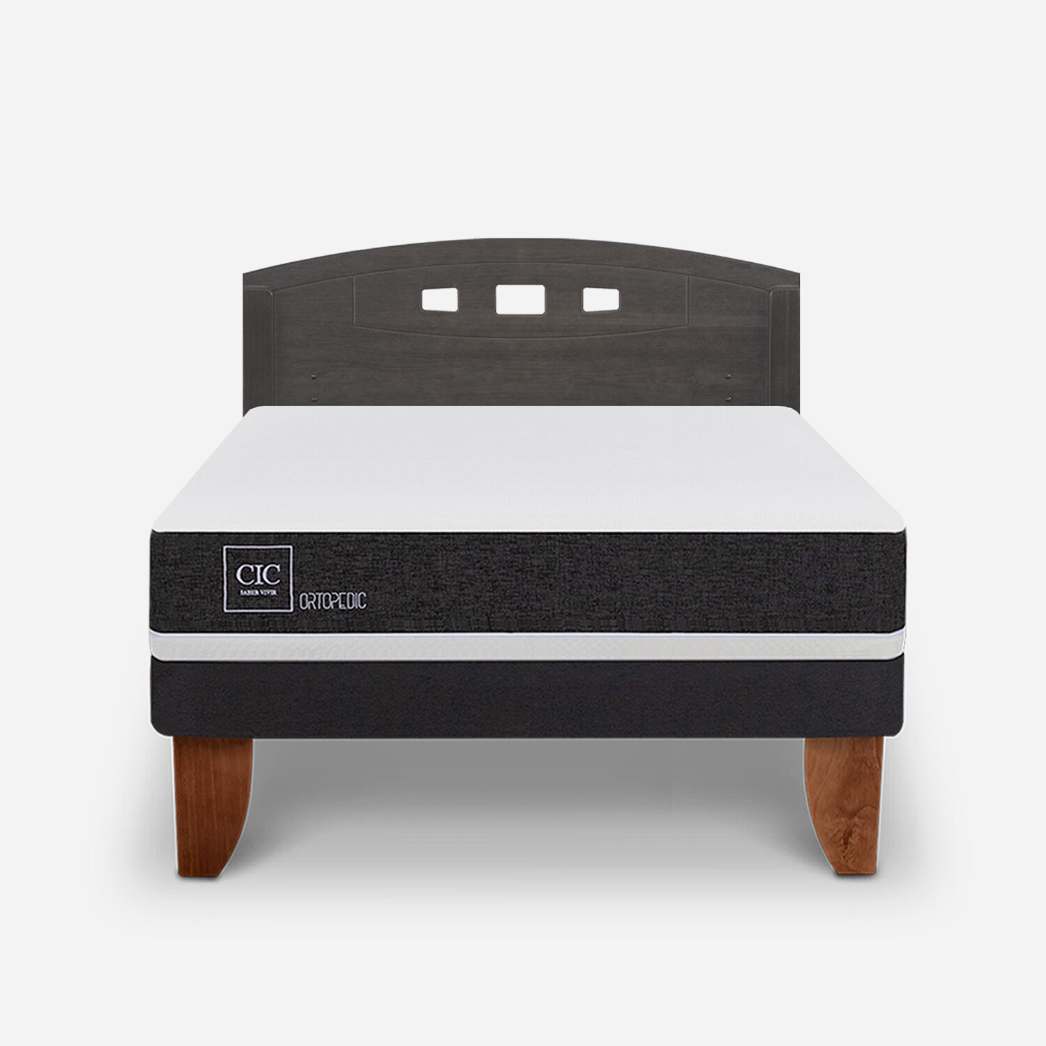 Cama Europea 2 Plazas Ortopedic Base Normal + Respaldo Gales Gris