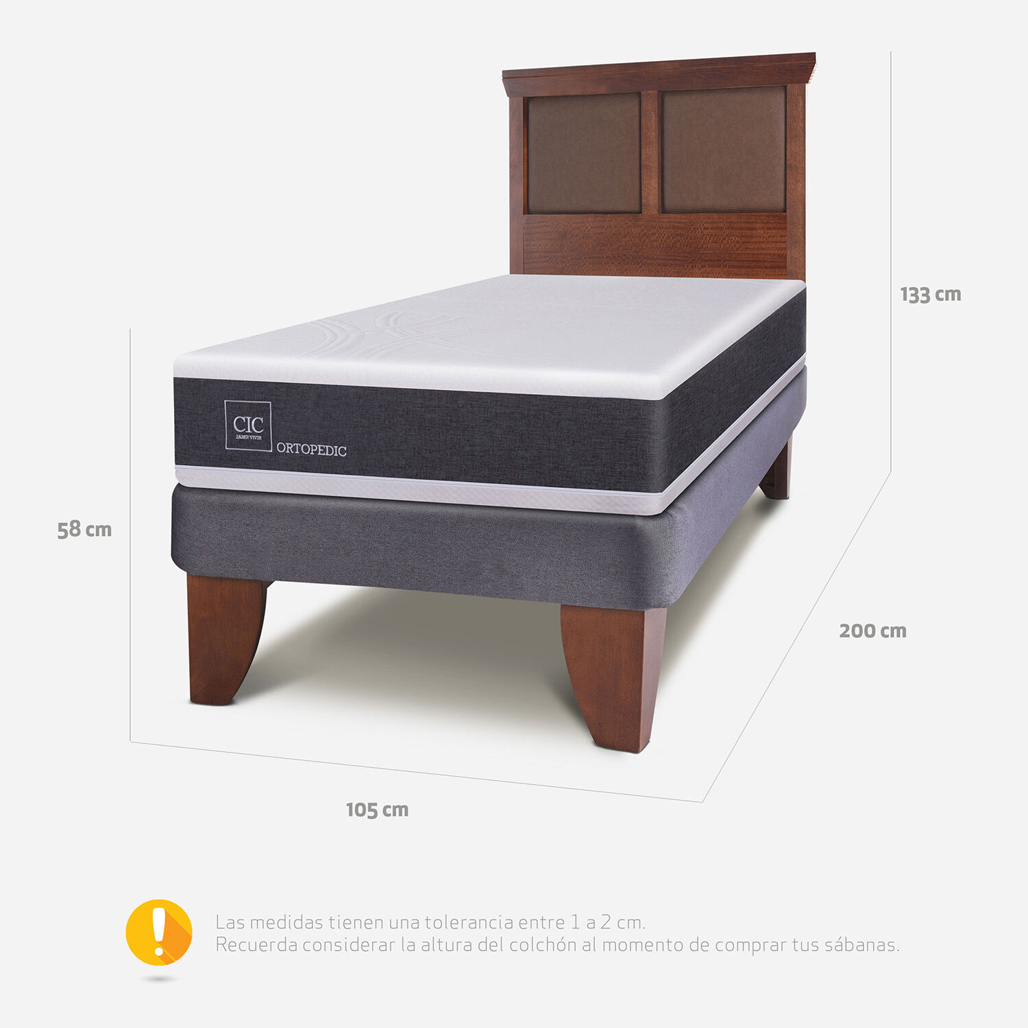 Cama Europea 1,5 Plazas Ortopedic + Respaldo Torino Caramel