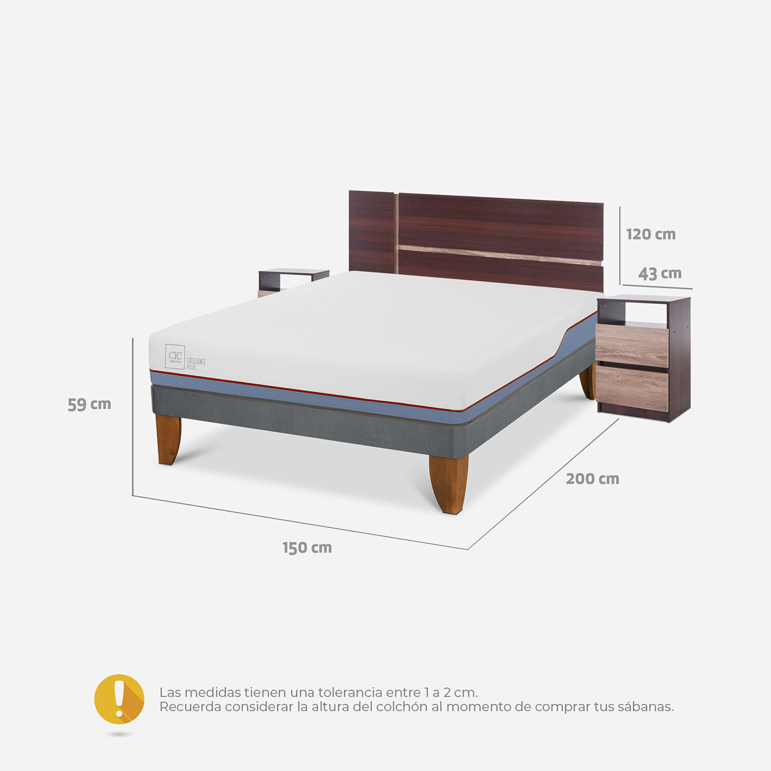 Cama Europea 2 Plazas Excellence Plus Base Normal + Set Enio