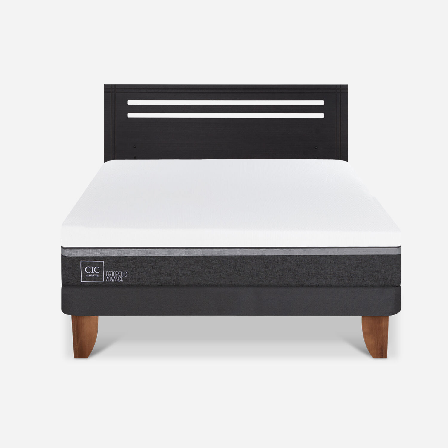 Cama Europea 2 Plazas Ortopedic Advance Base Normal + Respaldo Múnich Negro