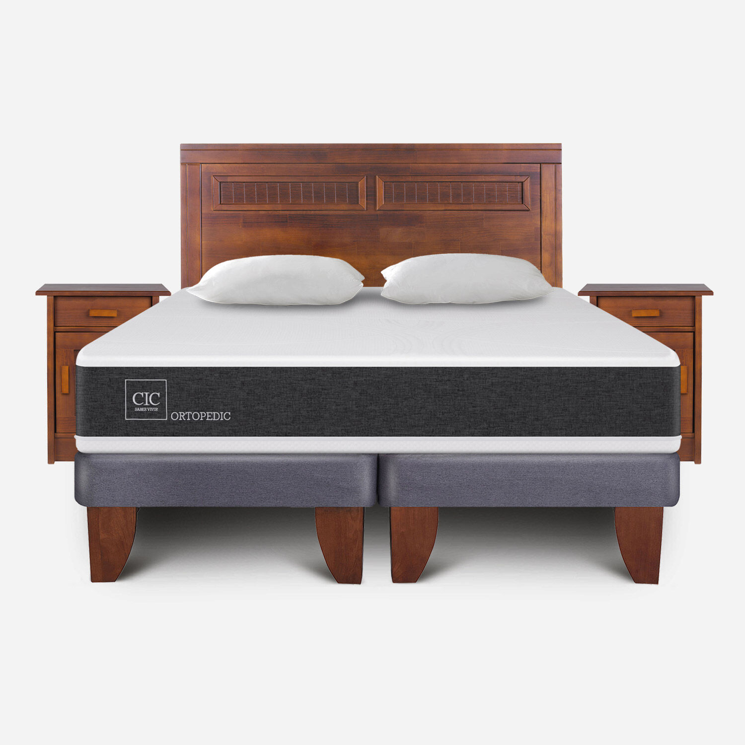 Cama Europea 2 Plazas Ortopedic Base Dividida + Set Milán Caramel + Almohadas