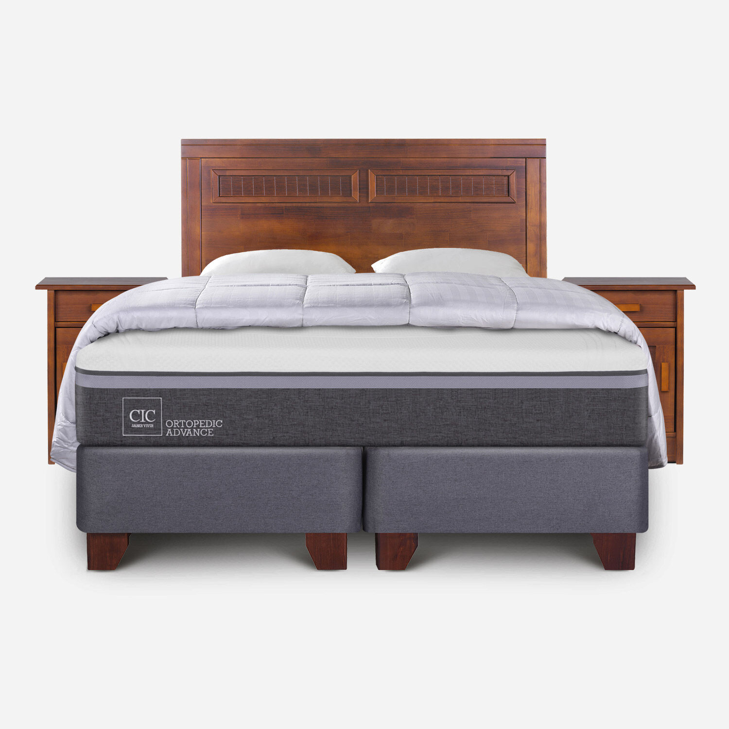 Box Spring King Ortopedic Advance + Set Mil&aacute;n Caramel + Almohadas + Plum&oacute;n Plumas
