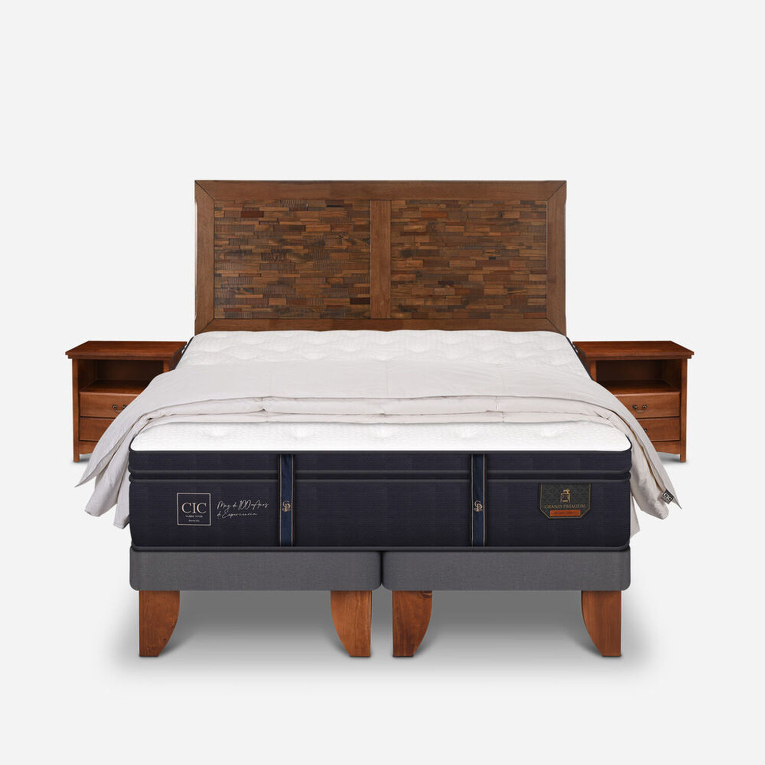 Cama Europea 2 Plazas Base Dividida Grand Premium + Set Antique + Plumón 100% Pluma de Ganso