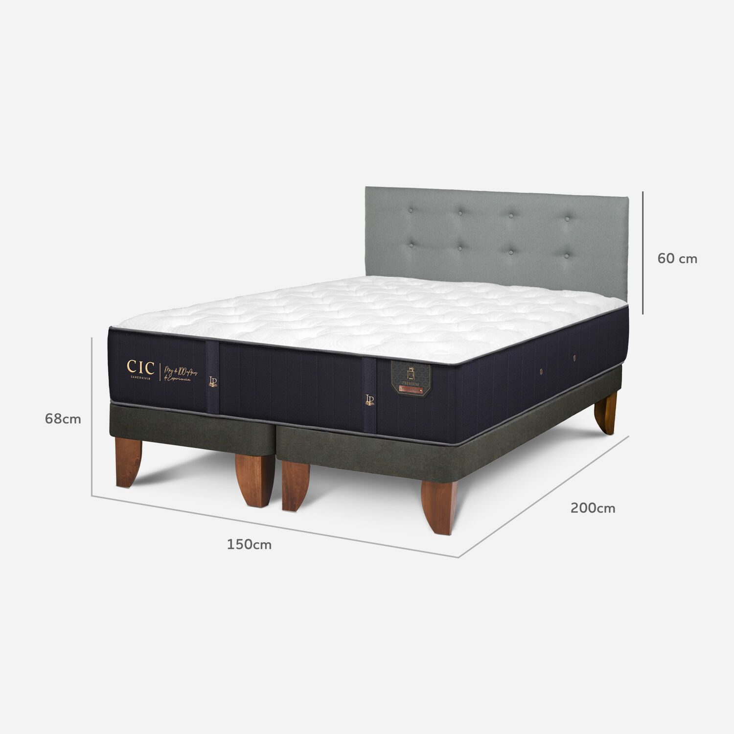 Cama Europea 2 Plazas Premium Base Dividida + Respaldo Tapizado Gris