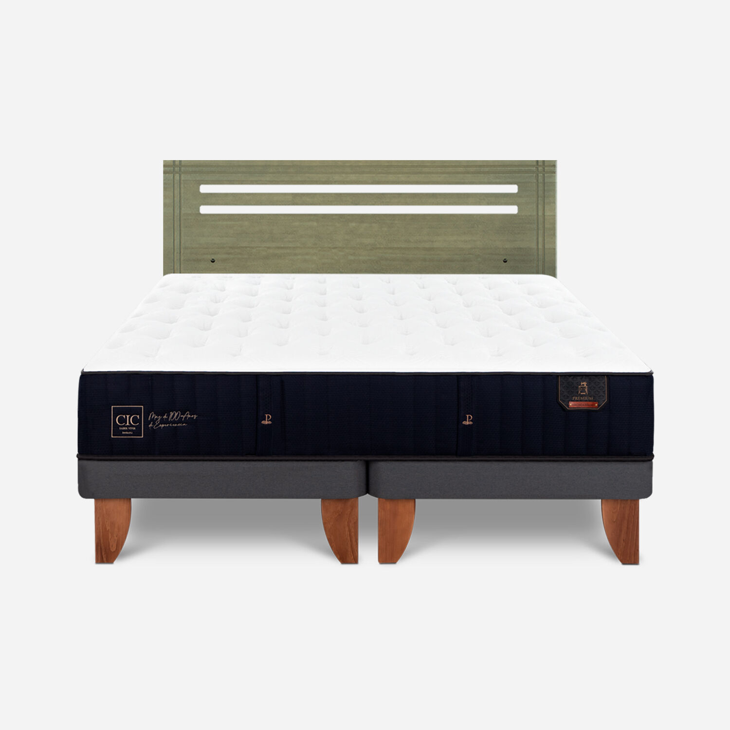 Cama Europea 2 Plazas Premium Base Dividida + Respaldo Múnich Olivo