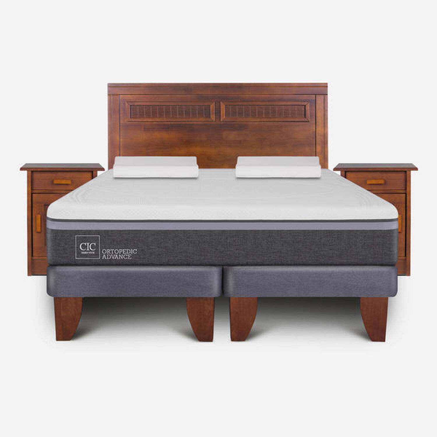 Cama Europea 2 Plazas Ortopedic Advance Base Dividida + Set Milán Caramel + Almohadas Viscoelásticas