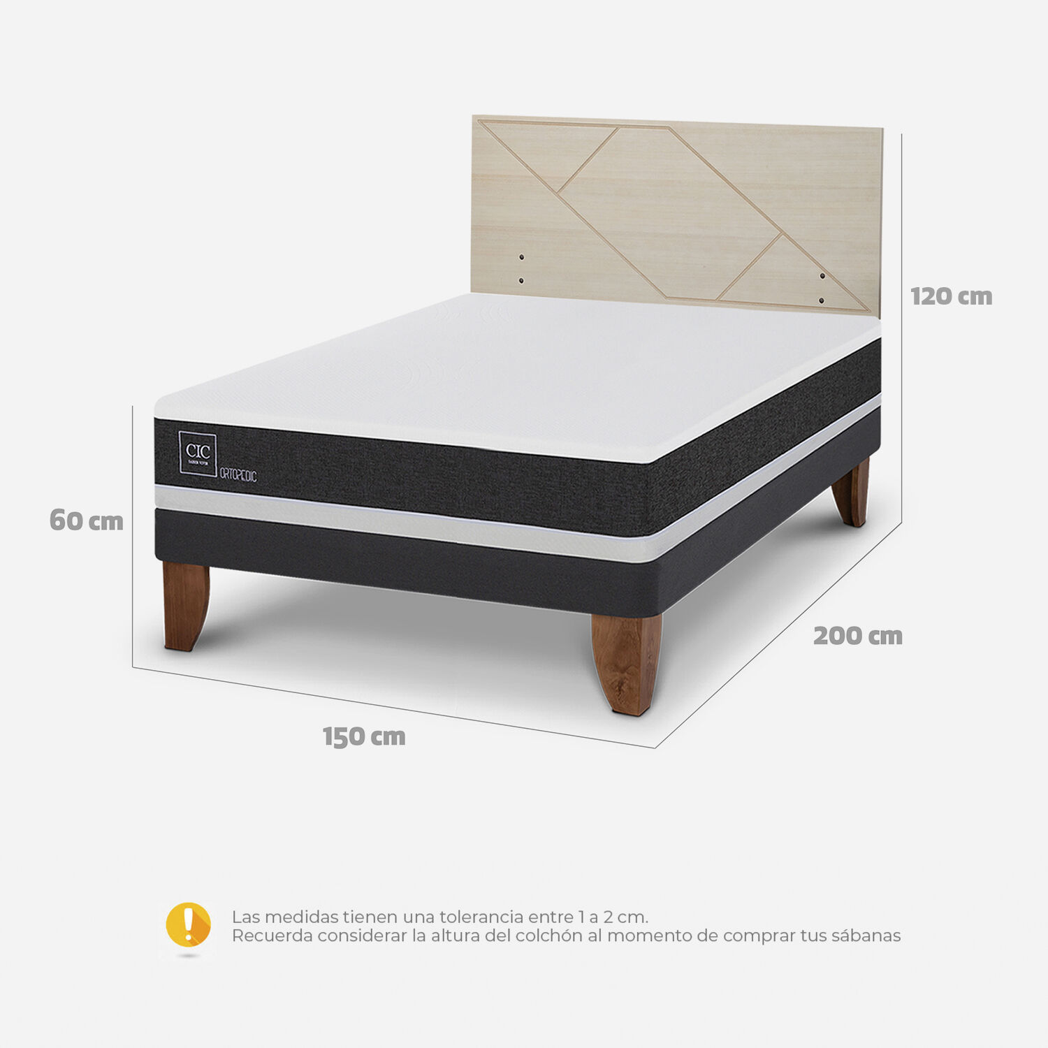 Cama Europea 2 Plazas Ortopedic Base Normal + Respaldo Villarrica Alpino