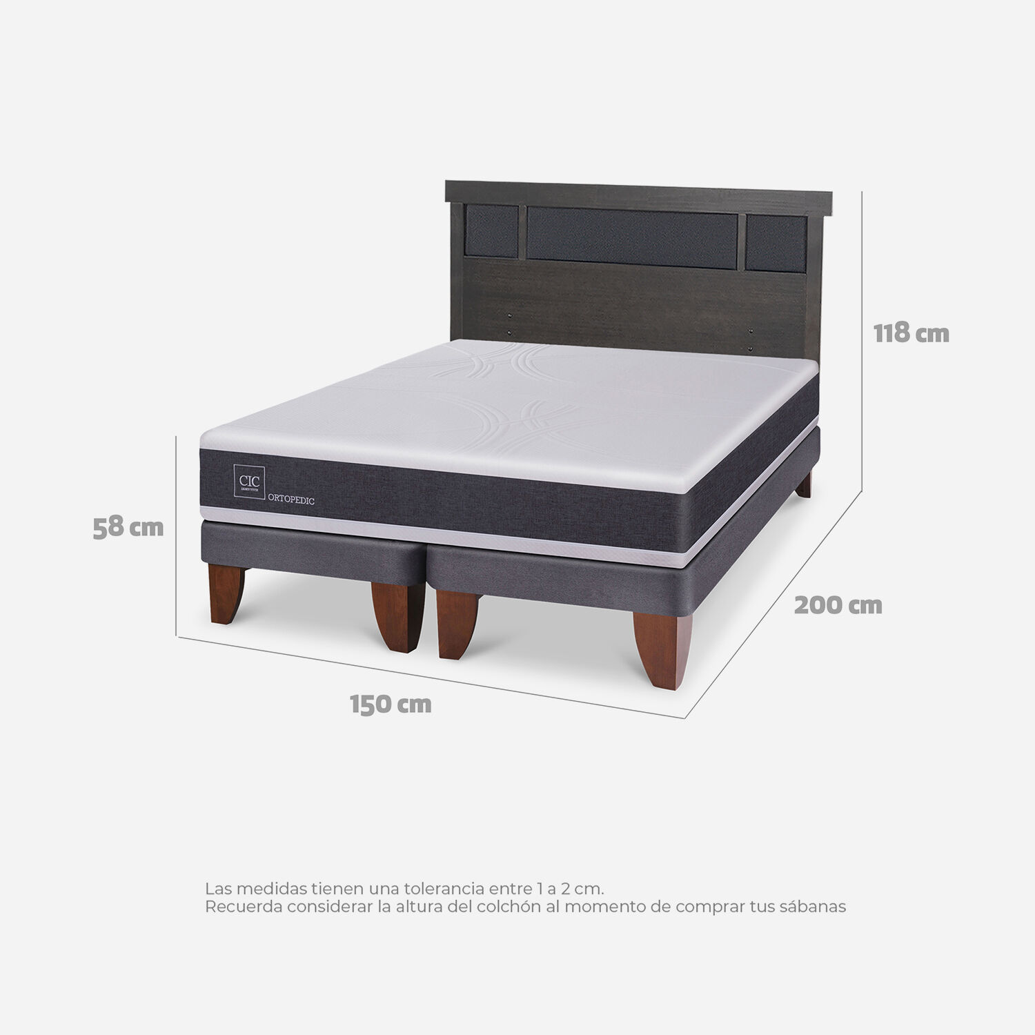 Cama Europea 2 Plazas Ortopedic Base Dividida + Respaldo Dubl&iacute;n Gris