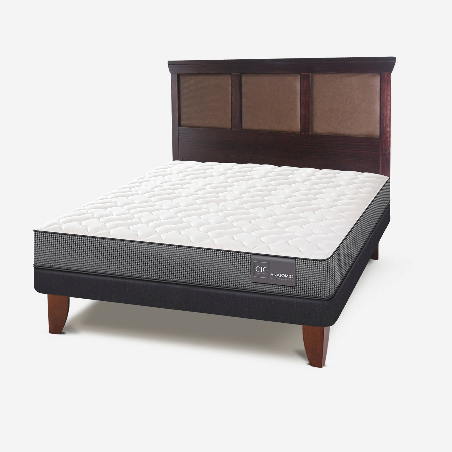 Cama Europea 2 Plazas Base Normal Anatomic + Respaldo Torino Chocolate