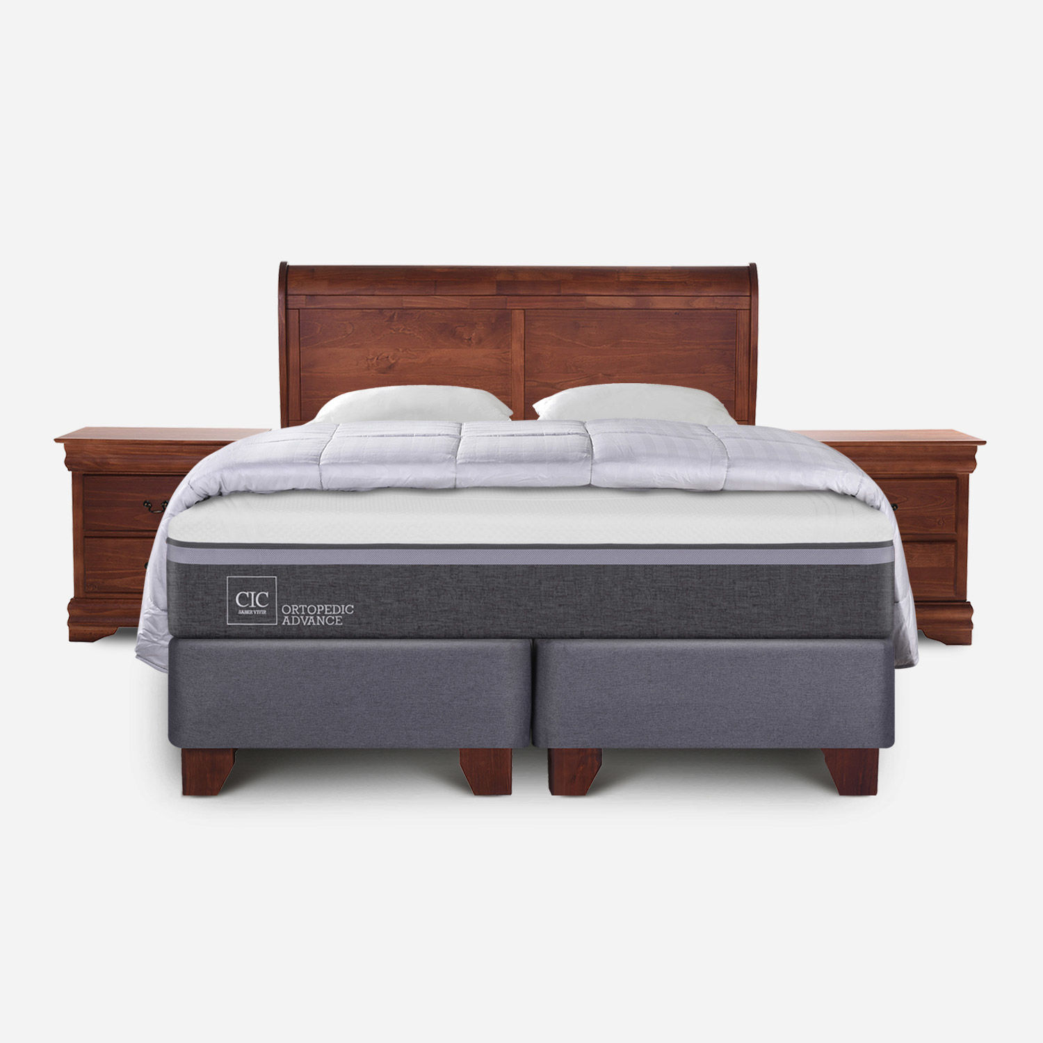 Box Spring 2 Plazas Ortopedic Advance Base Dividida + Set Mir&oacute; Caramel + Almohadas + Plum&oacute;n Plumas
