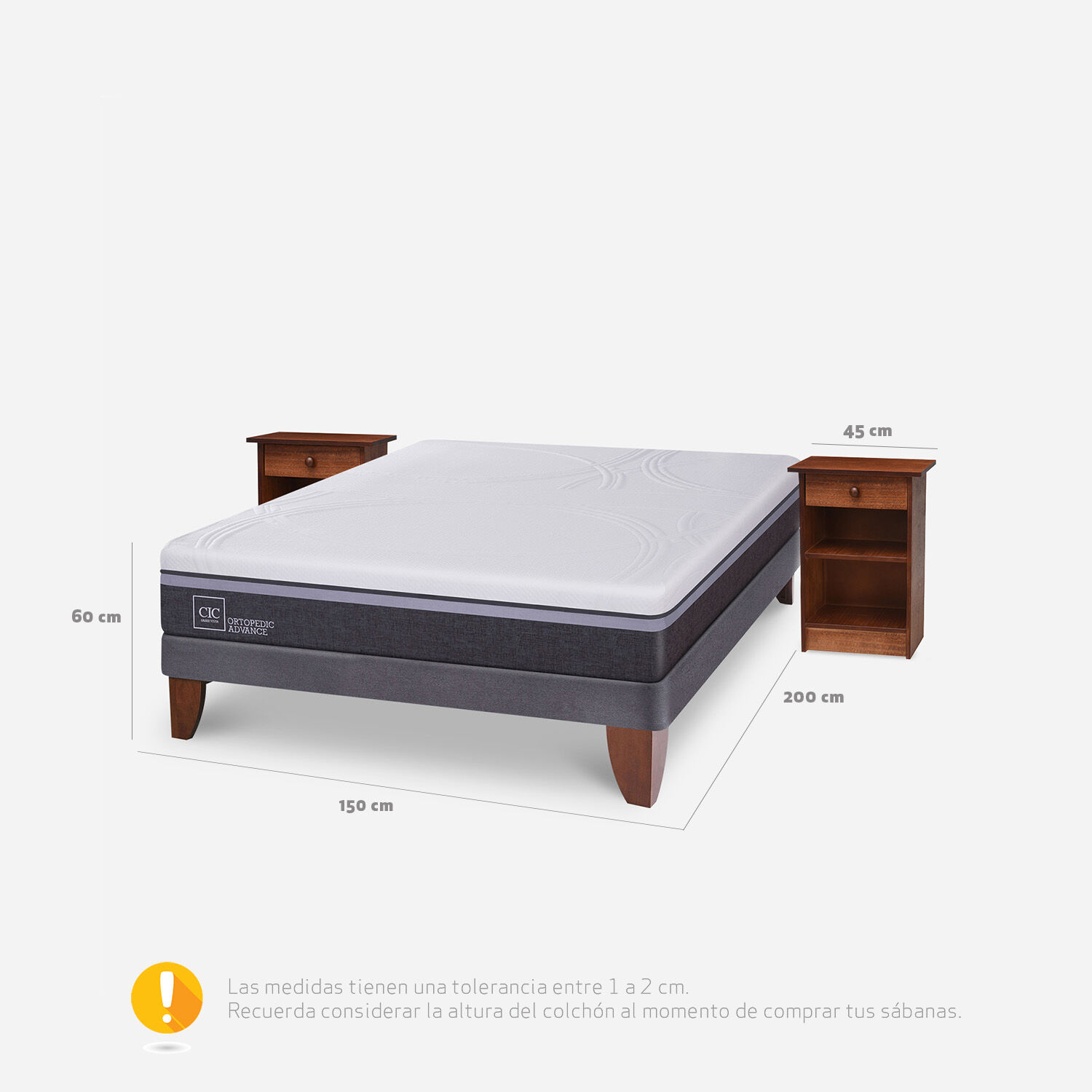 Cama Europea 2 Plazas Ortopedic Advance Base Normal + Veladores Dubl&iacute;n Caramel