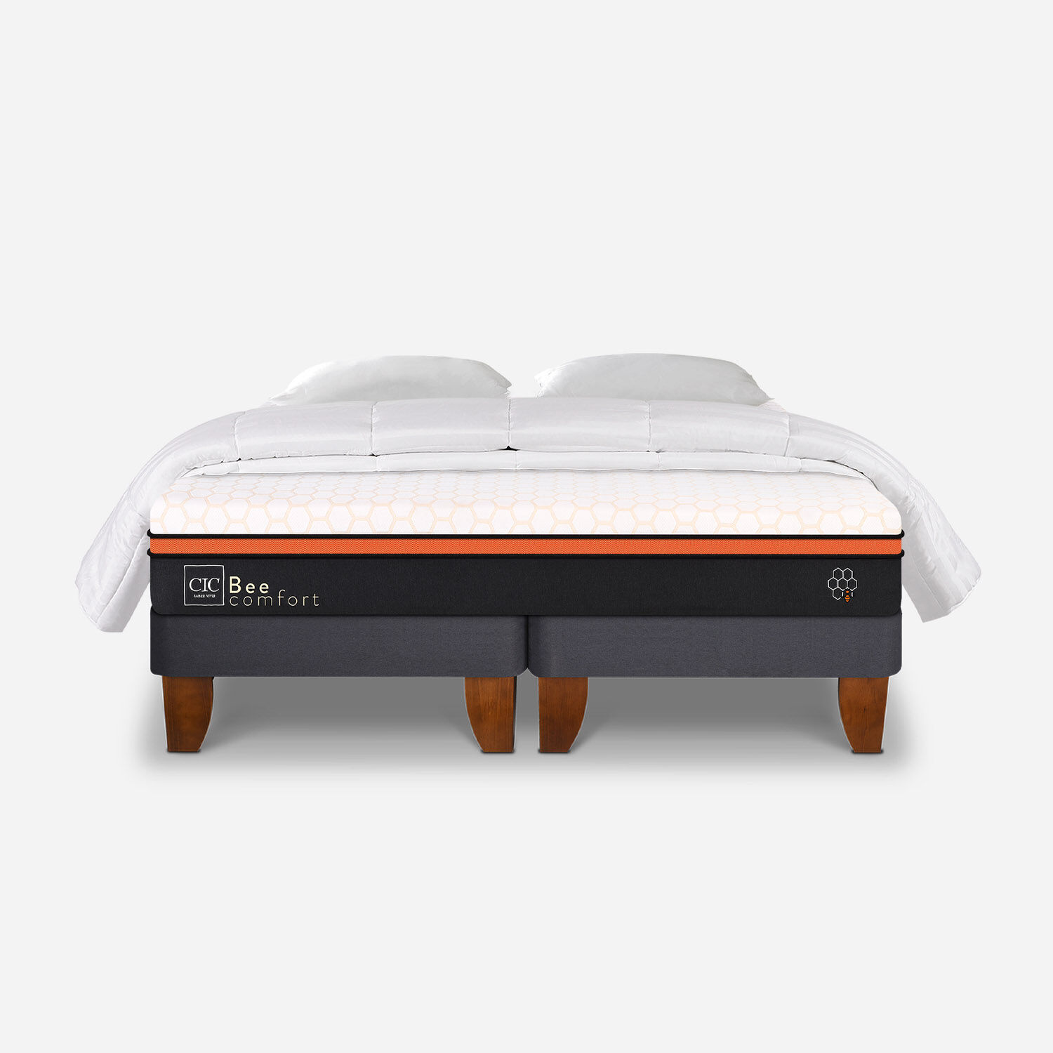 Cama Europea 2 Plazas Bee Comfort Base Dividida + Almohadas Viscoel&aacute;sticas + Plum&oacute;n