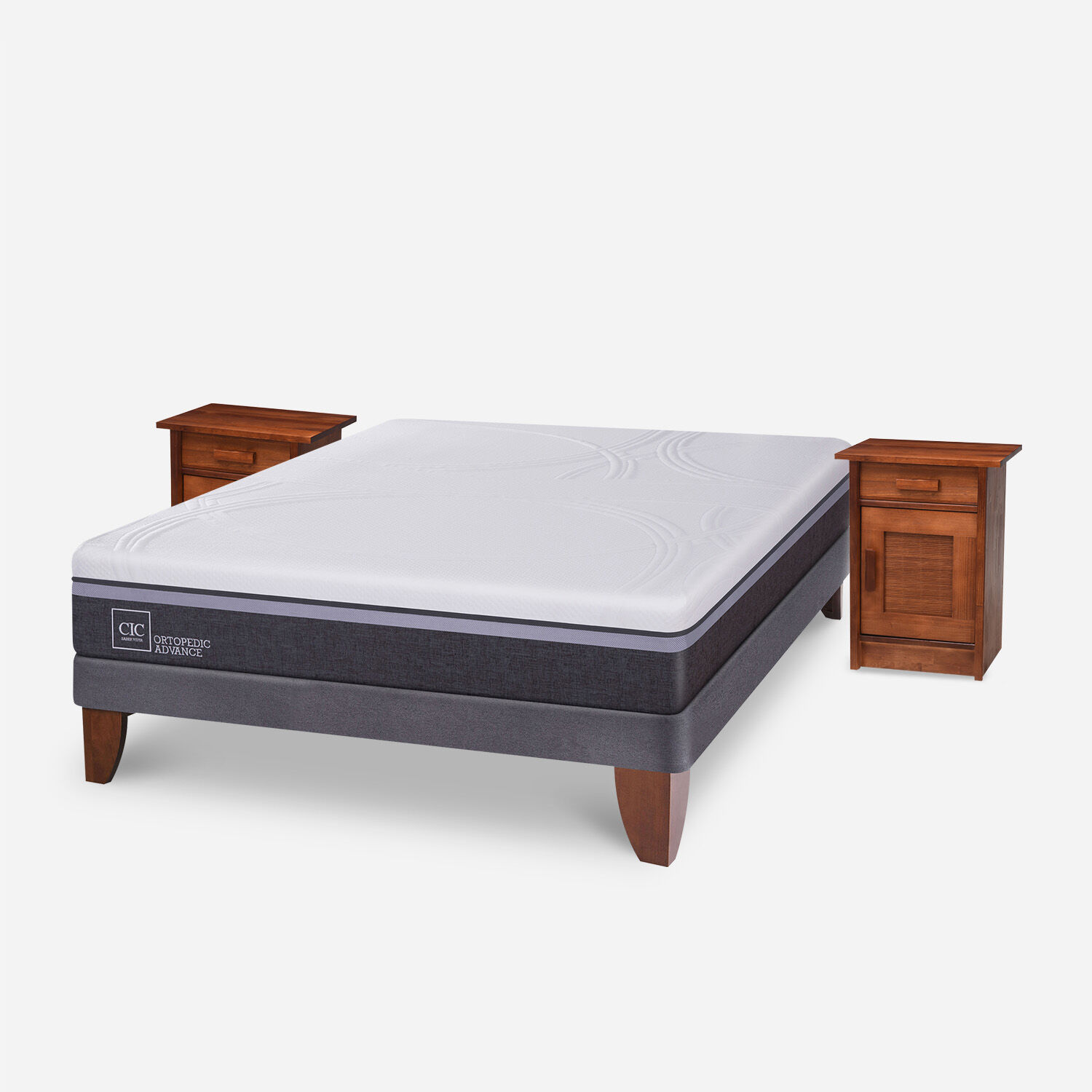 Cama Europea 2 Plazas Ortopedic Advance Base Normal + Veladores Mil&aacute;n Caramel