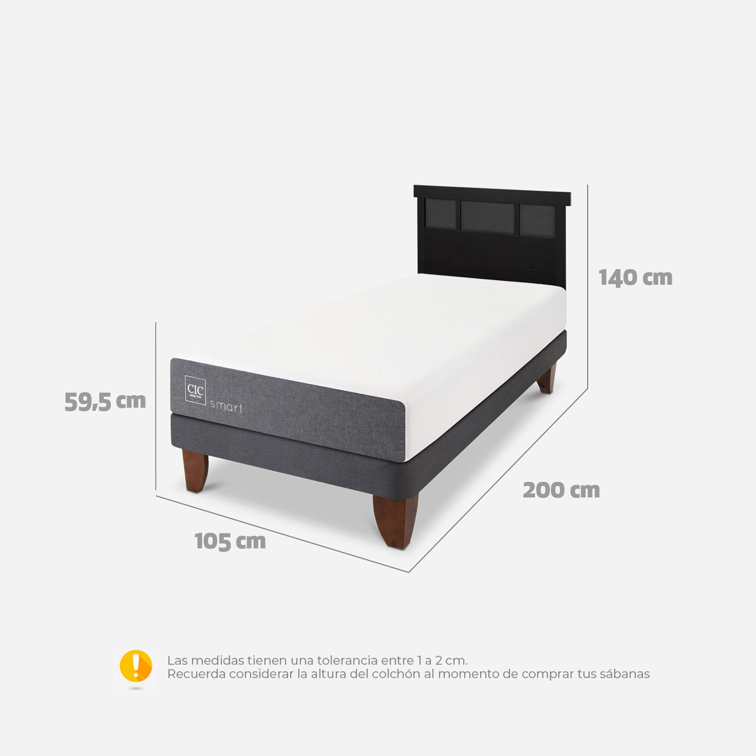 Cama Europea 1,5 Plazas Smart + Respaldo Dublín Negro