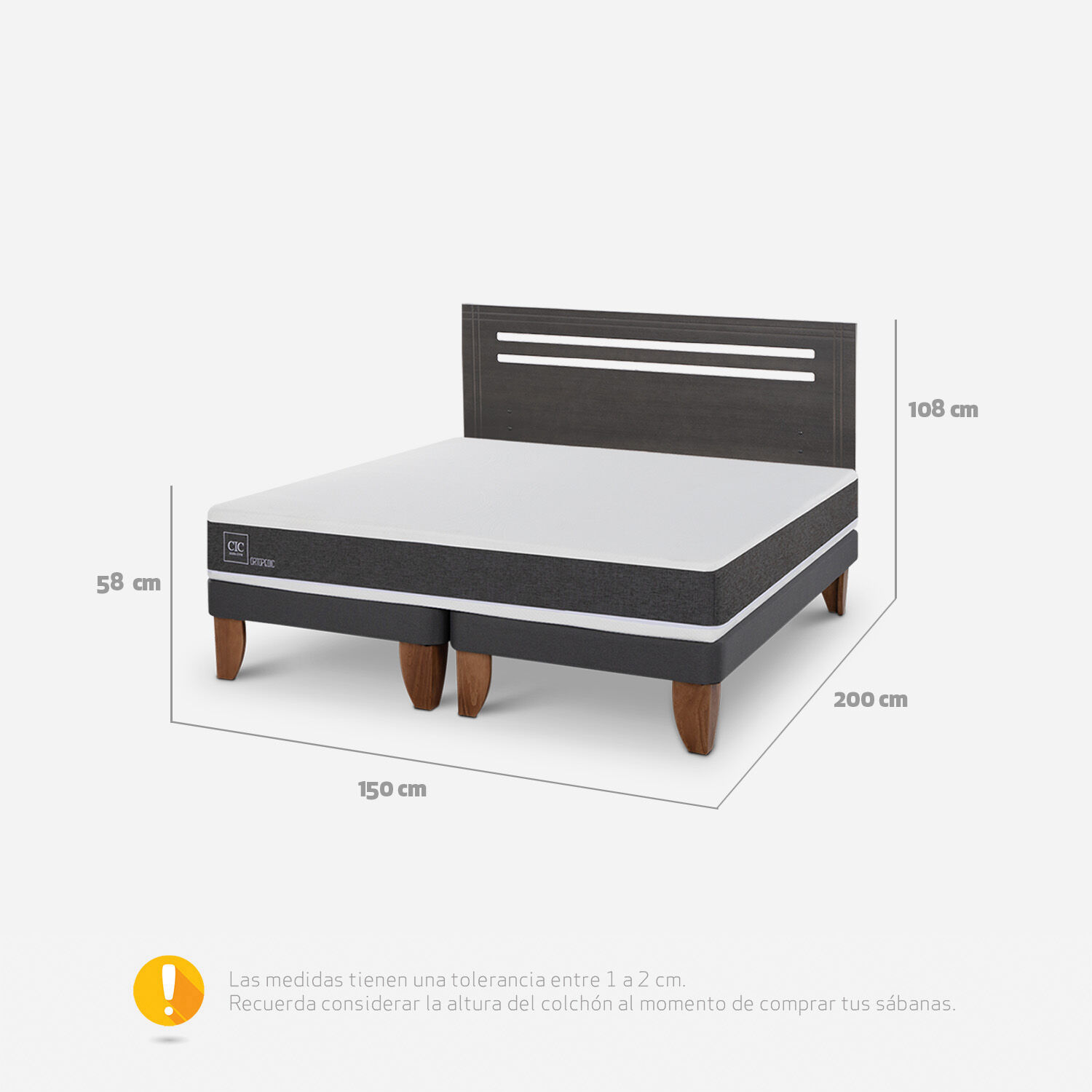 Cama Europea 2 Plazas Ortopedic Base Dividida + Respaldo Múnich Gris