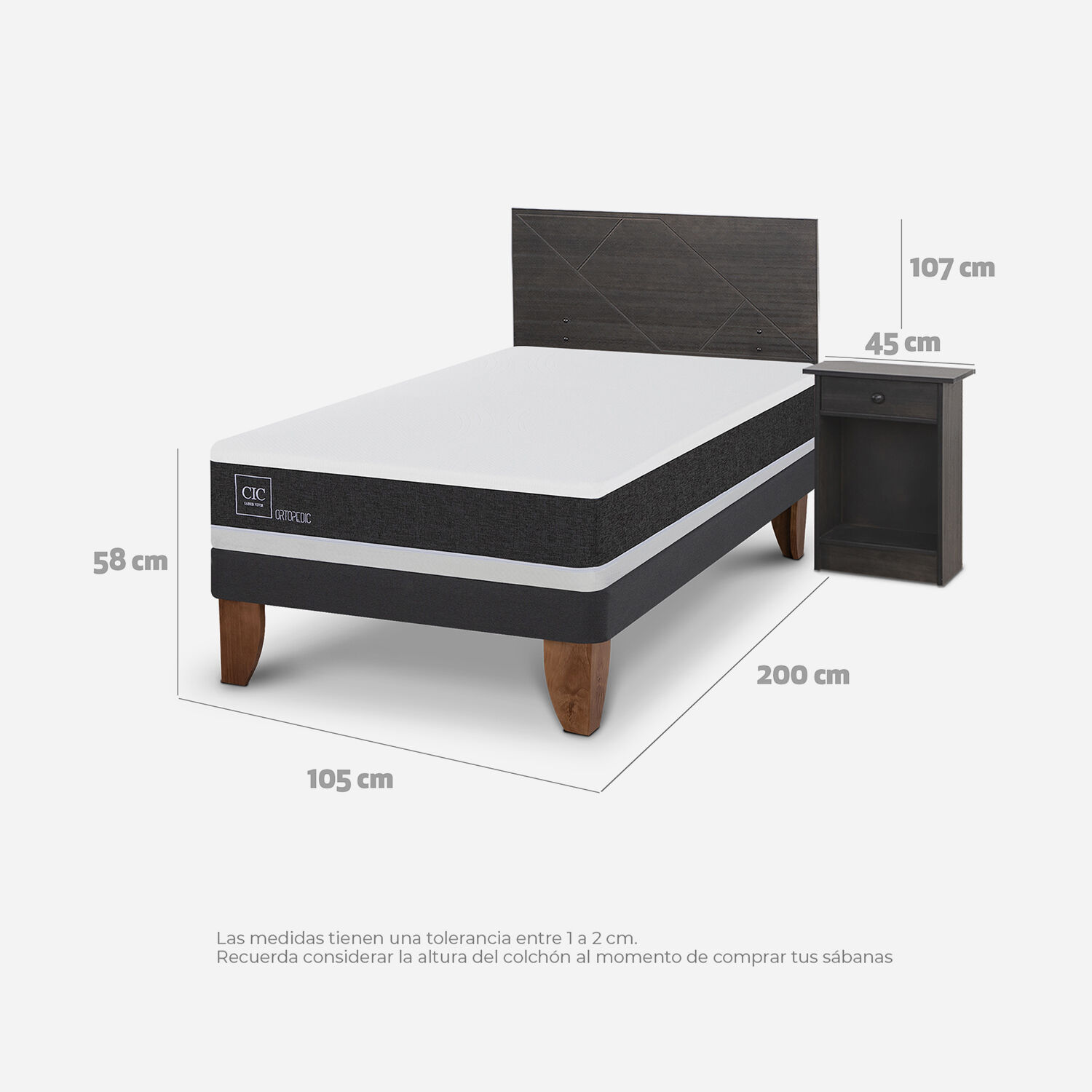 Cama Europea 1,5 Plazas Ortopedic + Set Villarrica Gris