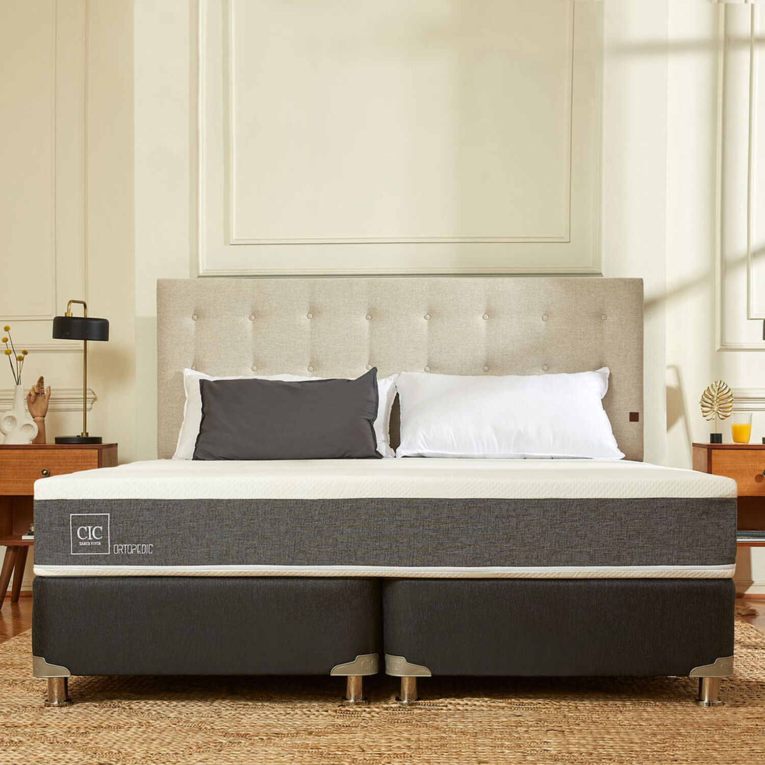 Box Spring 2 Plazas Ortopedic Base Normal 5 Zonas + Set Legno