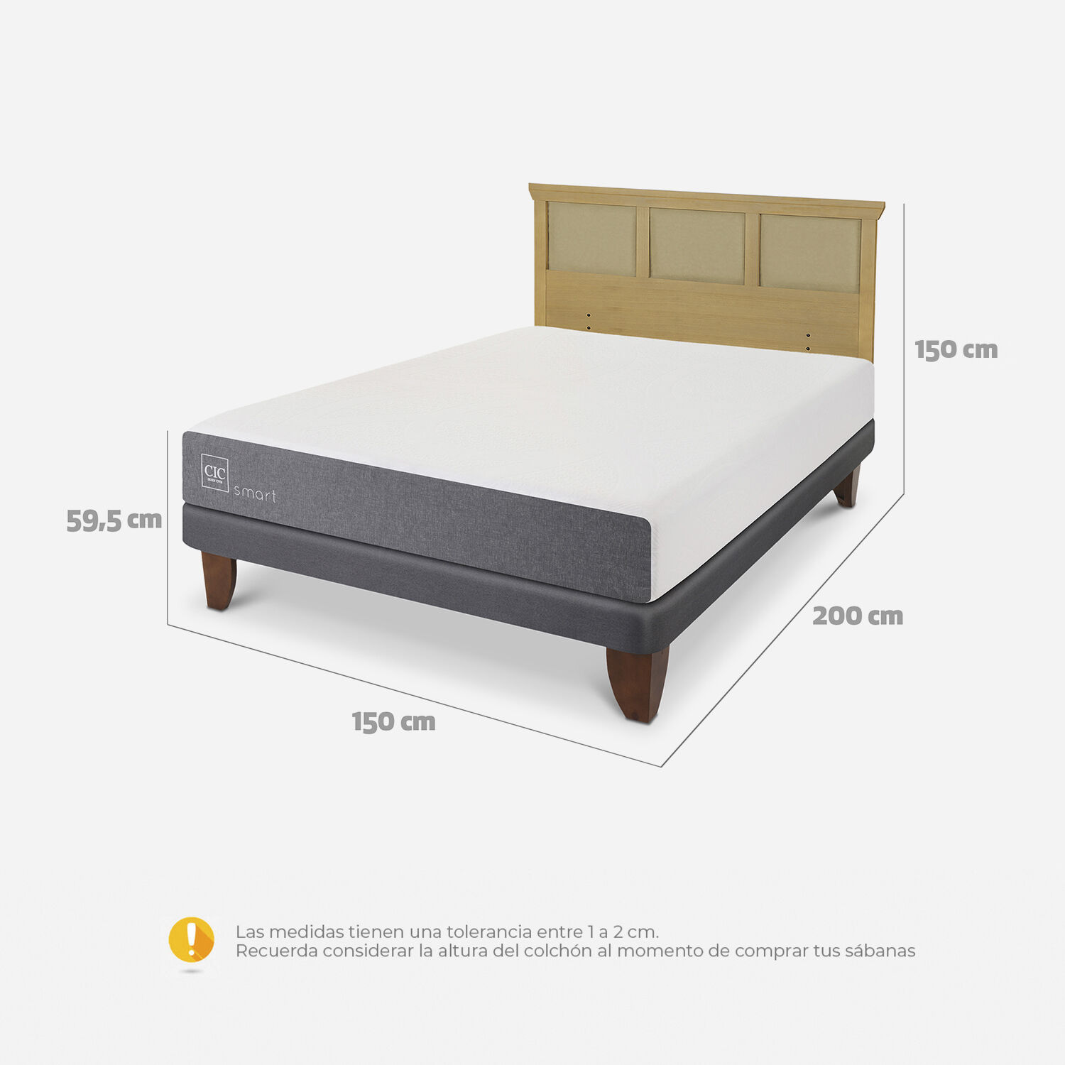 Cama Europea 2 Plazas Smart Base Normal + Respaldo Torino Mostaza