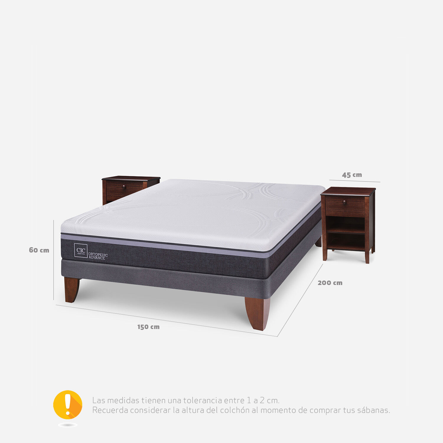 Cama Europea 2 Plazas Ortopedic Advance Base Normal + Veladores Torino Chocolate