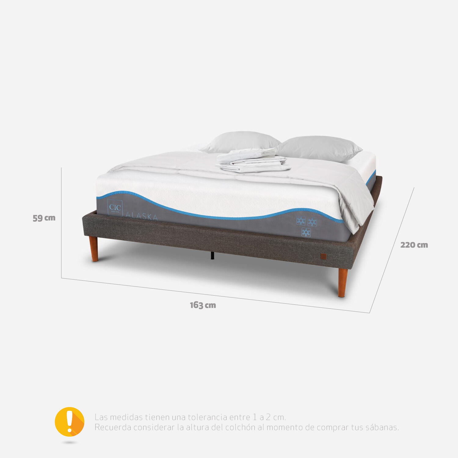 Cama Europea Curve 2 Plazas Alaska + Plum&oacute;n + S&aacute;banas + Almohadas Viscoel&aacute;sticass
