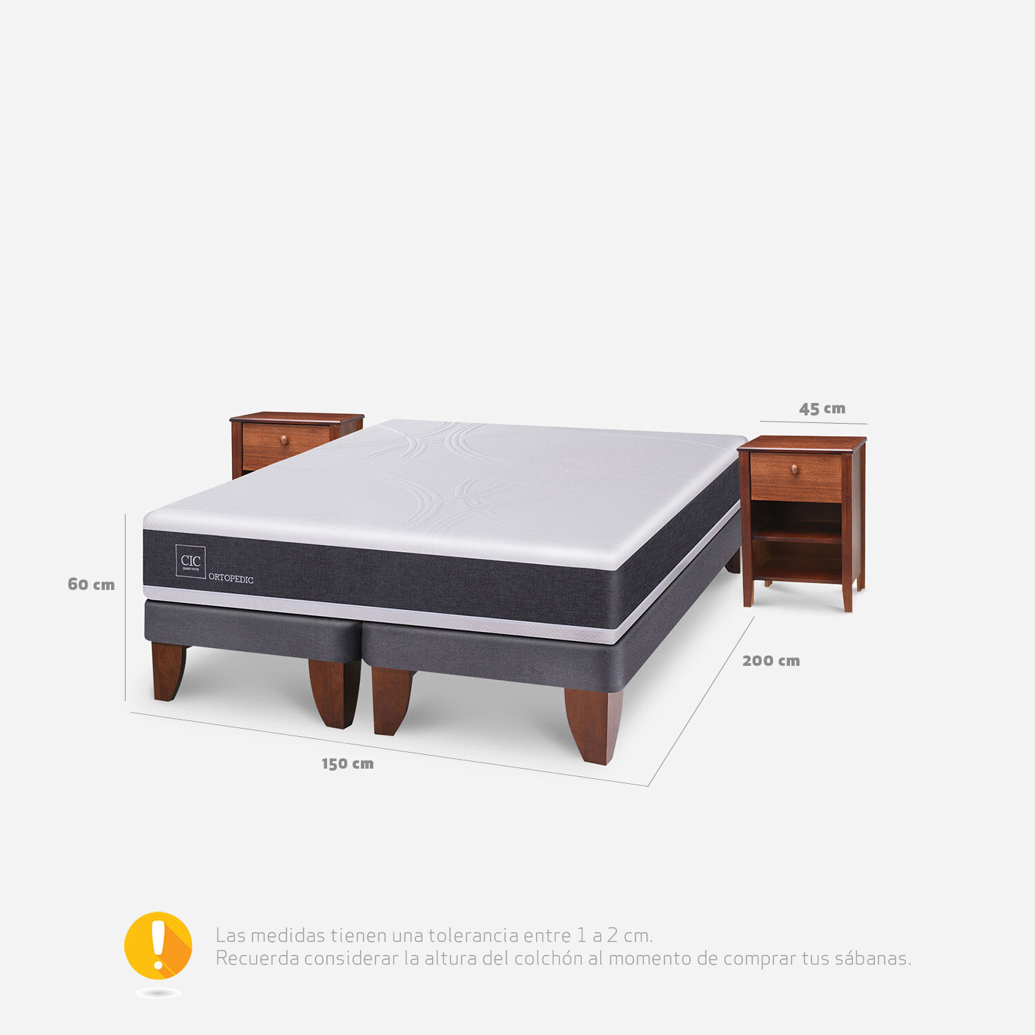 Cama Europea 2 Plazas Ortopedic Base Dividida + Veladores Torino Caramel