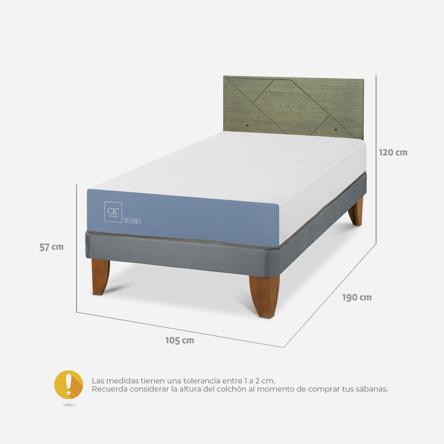 Cama Europea 1,5 Plazas Excellence + Respaldo Villarrica Olivo