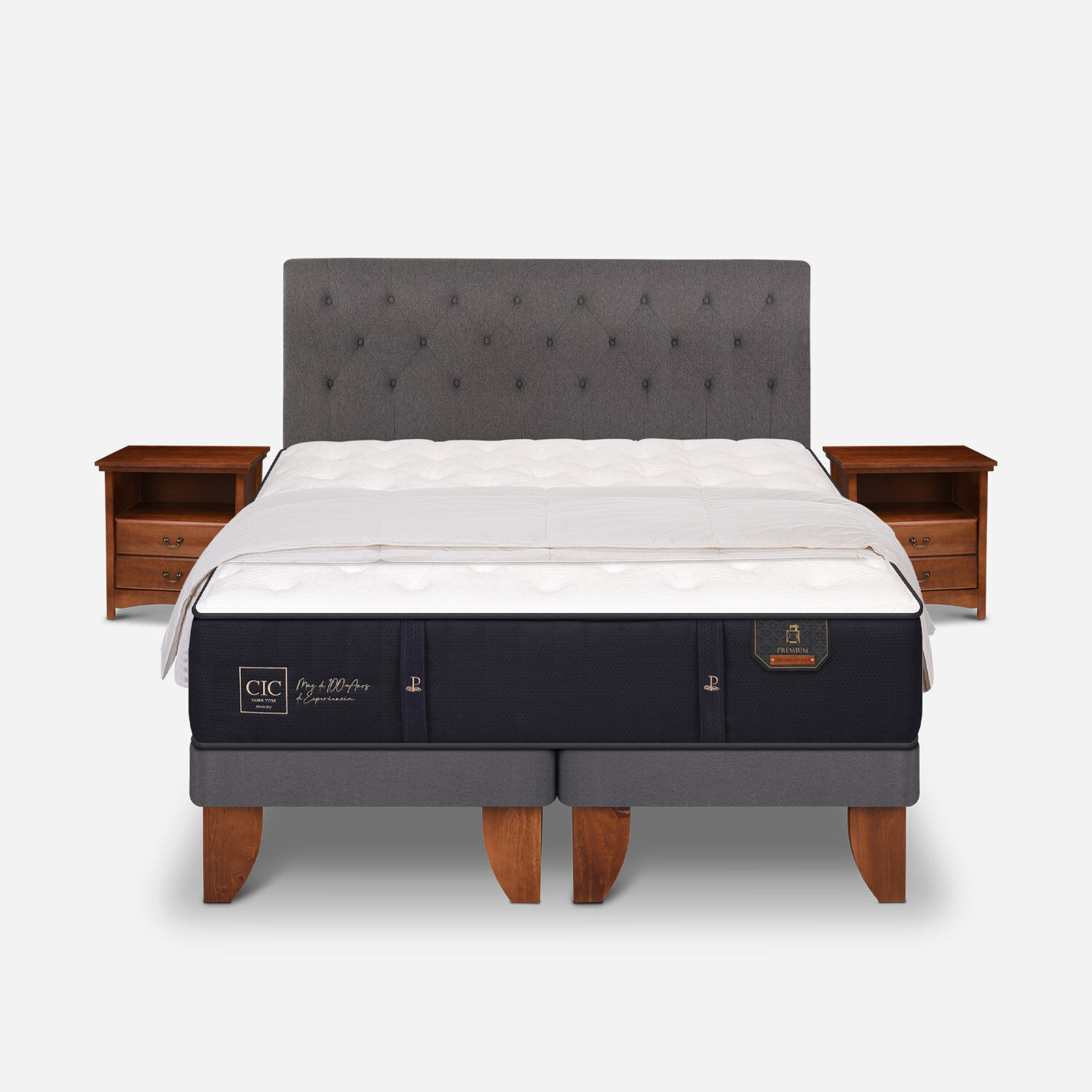 Cama Europea King Premium + Set Kaveri + Plum&oacute;n 15% Pluma de Ganso