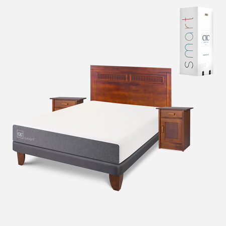 Cama Europea 2 Plazas Smart Base Normal + Set Milán Caramel