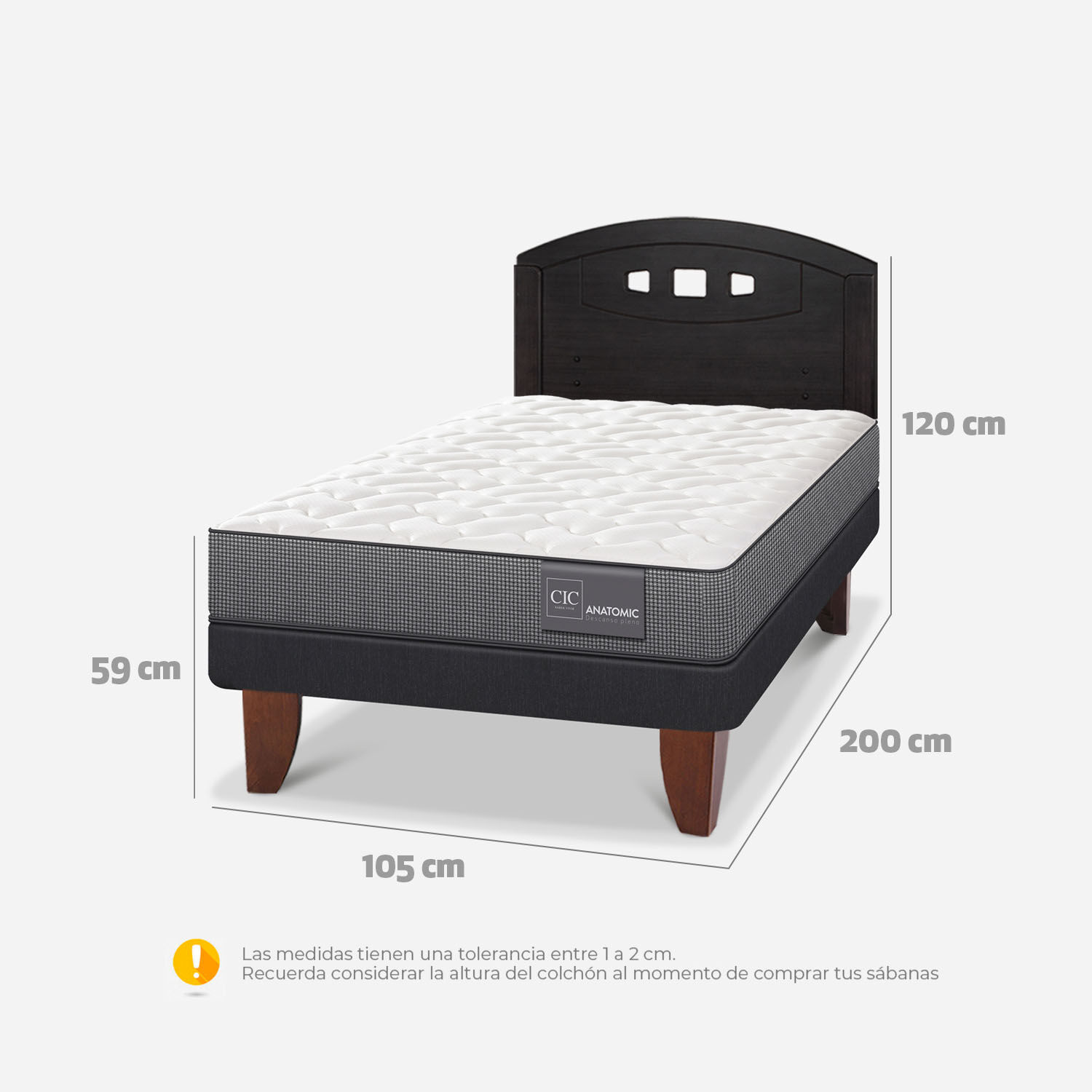 Cama Europea 1,5 Plazas Anatomic + Respaldo Gales Negro