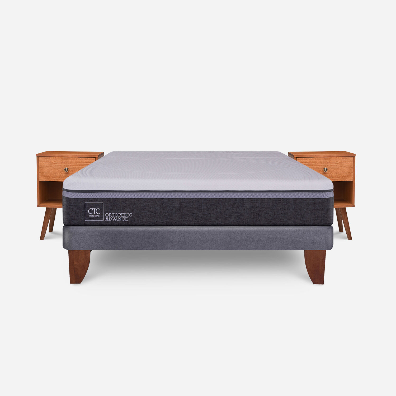 Cama Europea 2 Plazas Ortopedic Advance Base Normal + Veladores Gales Caramel