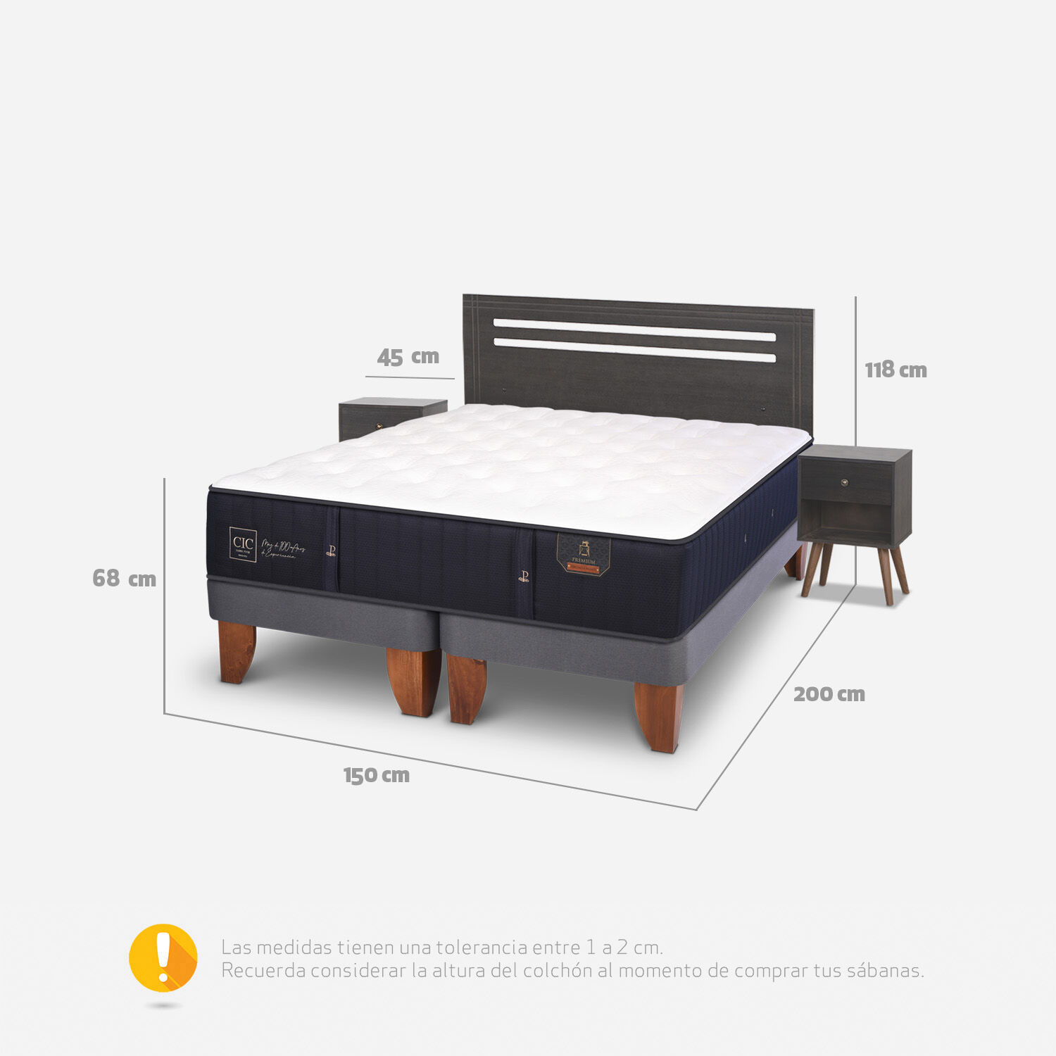 Cama Europea 2 Plazas Premium Base Dividida + Set Múnich Gris