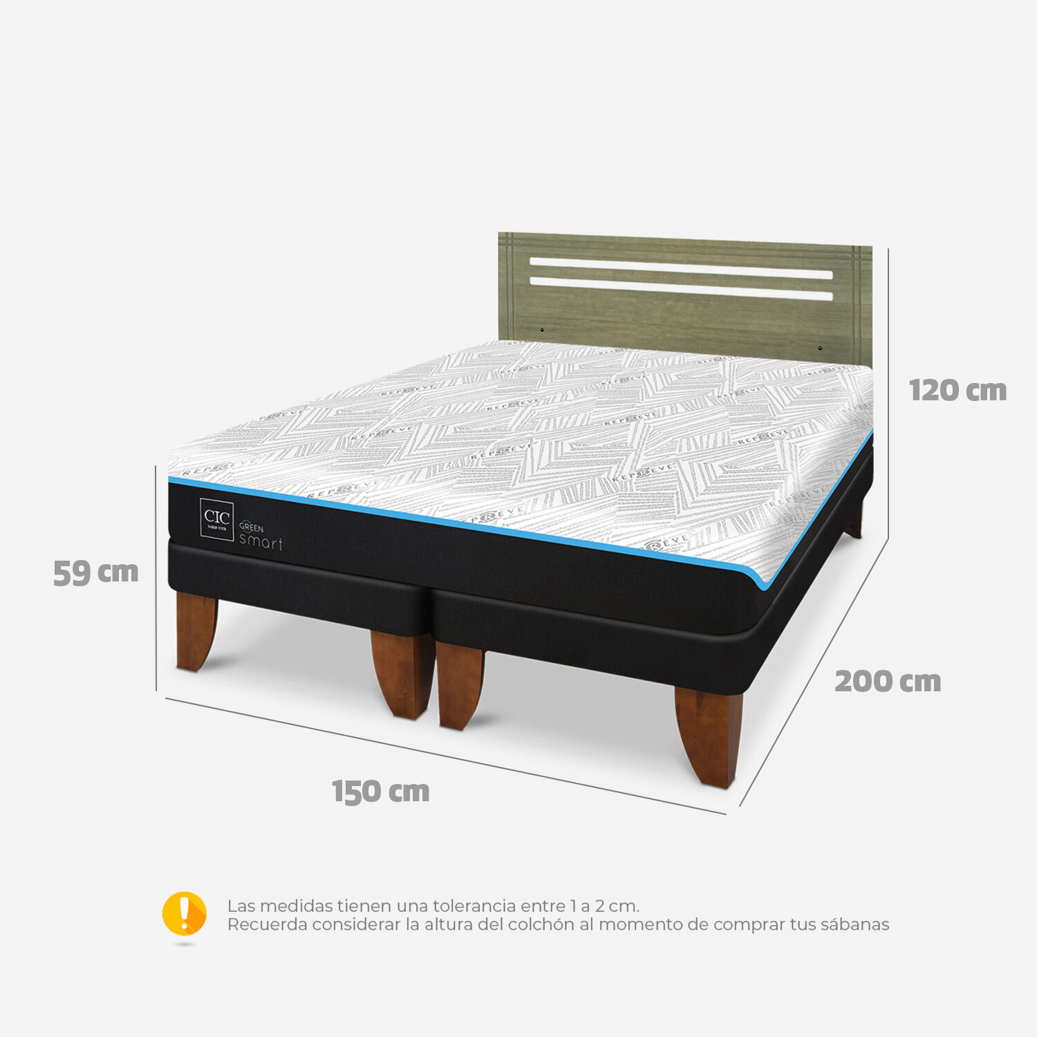 Cama Europea 2 Plazas Green Infinity Base Dividida + Respaldo Múnich Olivo